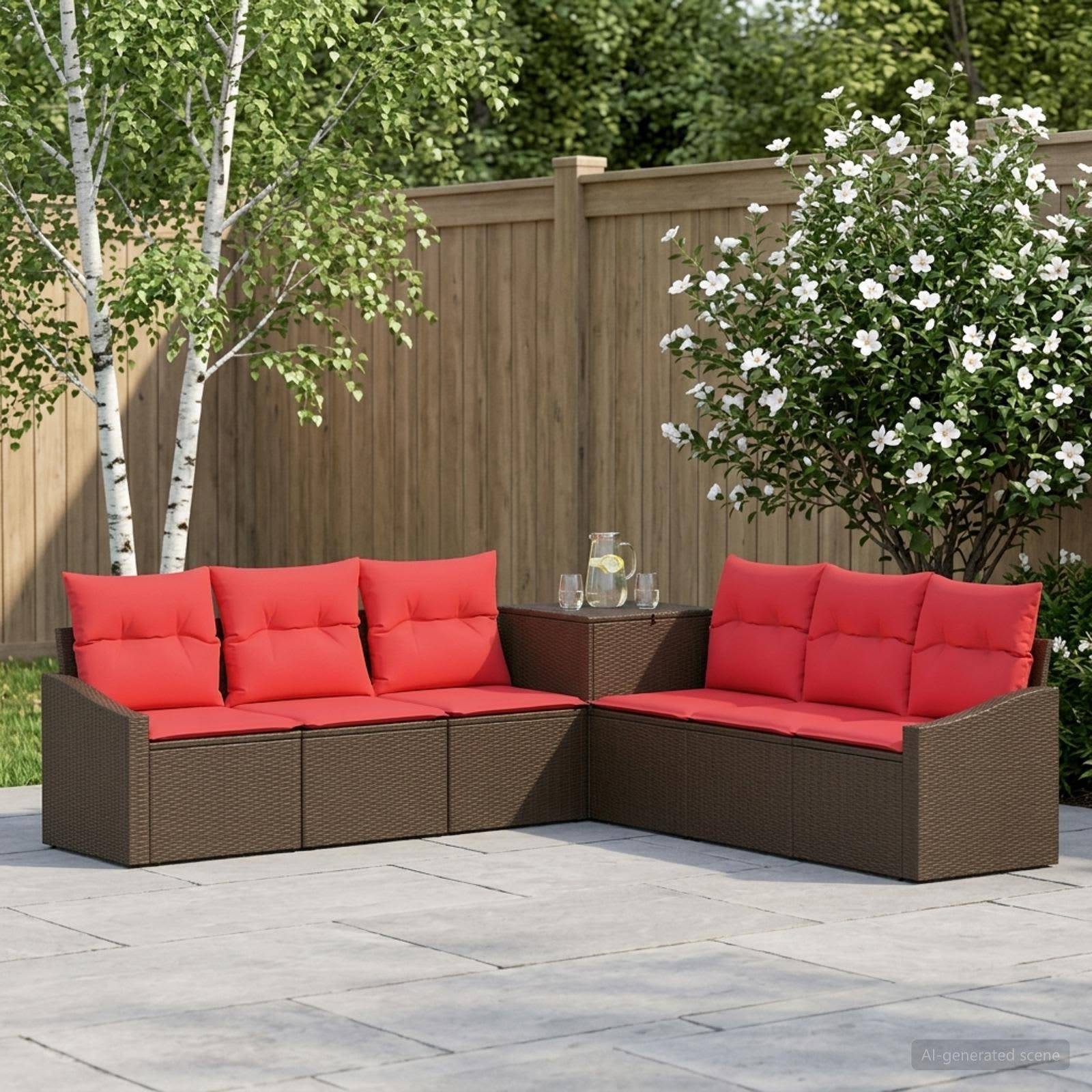vidaXL Sofa Set 7 Stk. Braun und Rot Polyrattan und Stahl