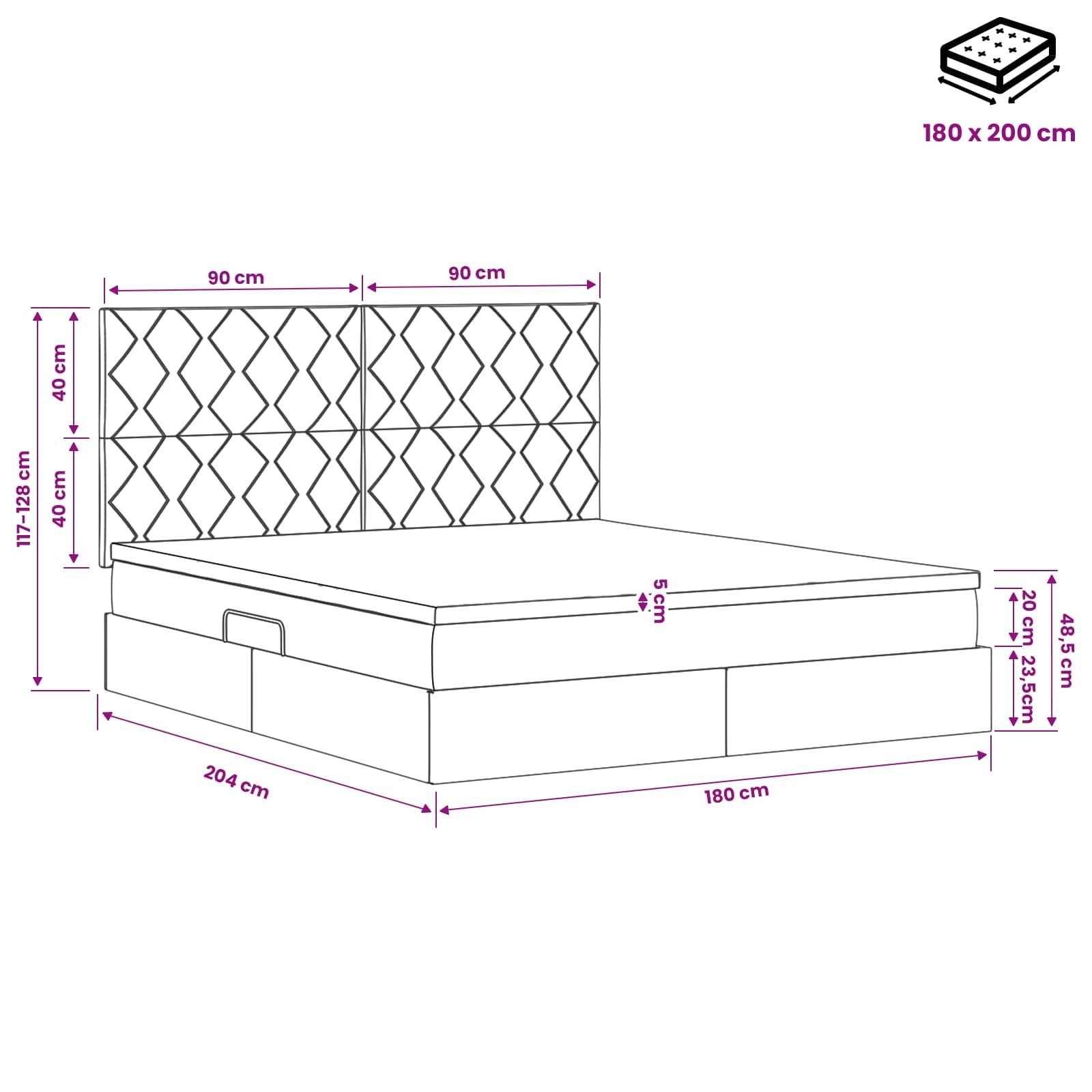Maßstabgetreue Zeichnung eines gepolsterten Bettes mit gestepptem zweiteiligem Kopfteil, dargestellt mit Abmessungen: Matratzenformat 180 x 200 cm, Länge 204 cm, Breite 180 cm und Höhenangaben.