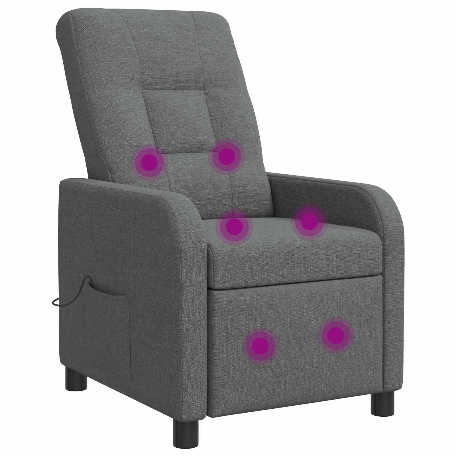 Grauer Polstersessel mit Liegefunktion und gekennzeichneten Massagepunkten auf Rückenlehne, Sitzfläche und Fußstütze, gezeigt mit Stromkabel auf der linken Seite.