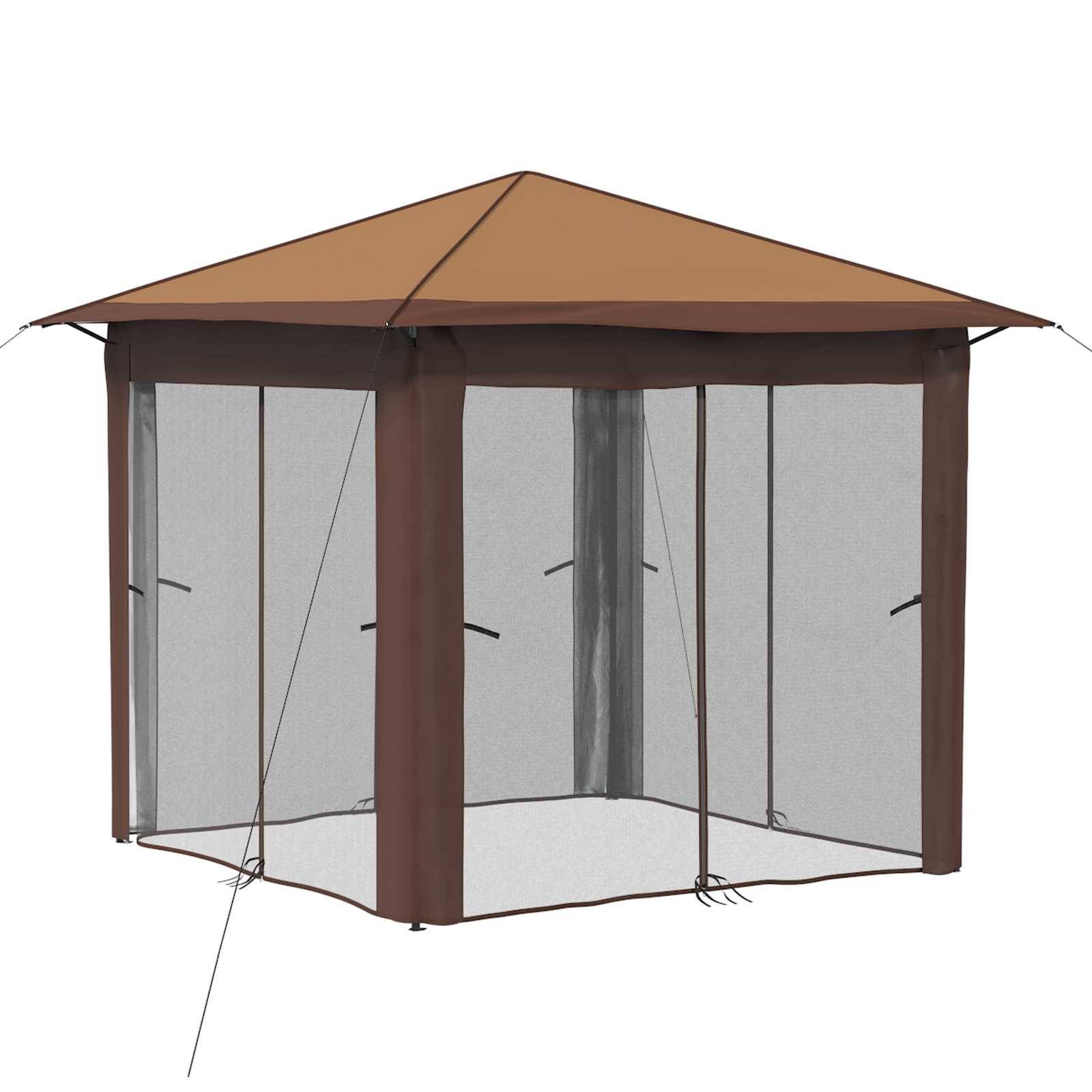 Braunes sechseckiges Außenpavillon mit Fliegennetz-Wandverkleidung und spitzem Dach, gezeigt auf weißem Hintergrund.