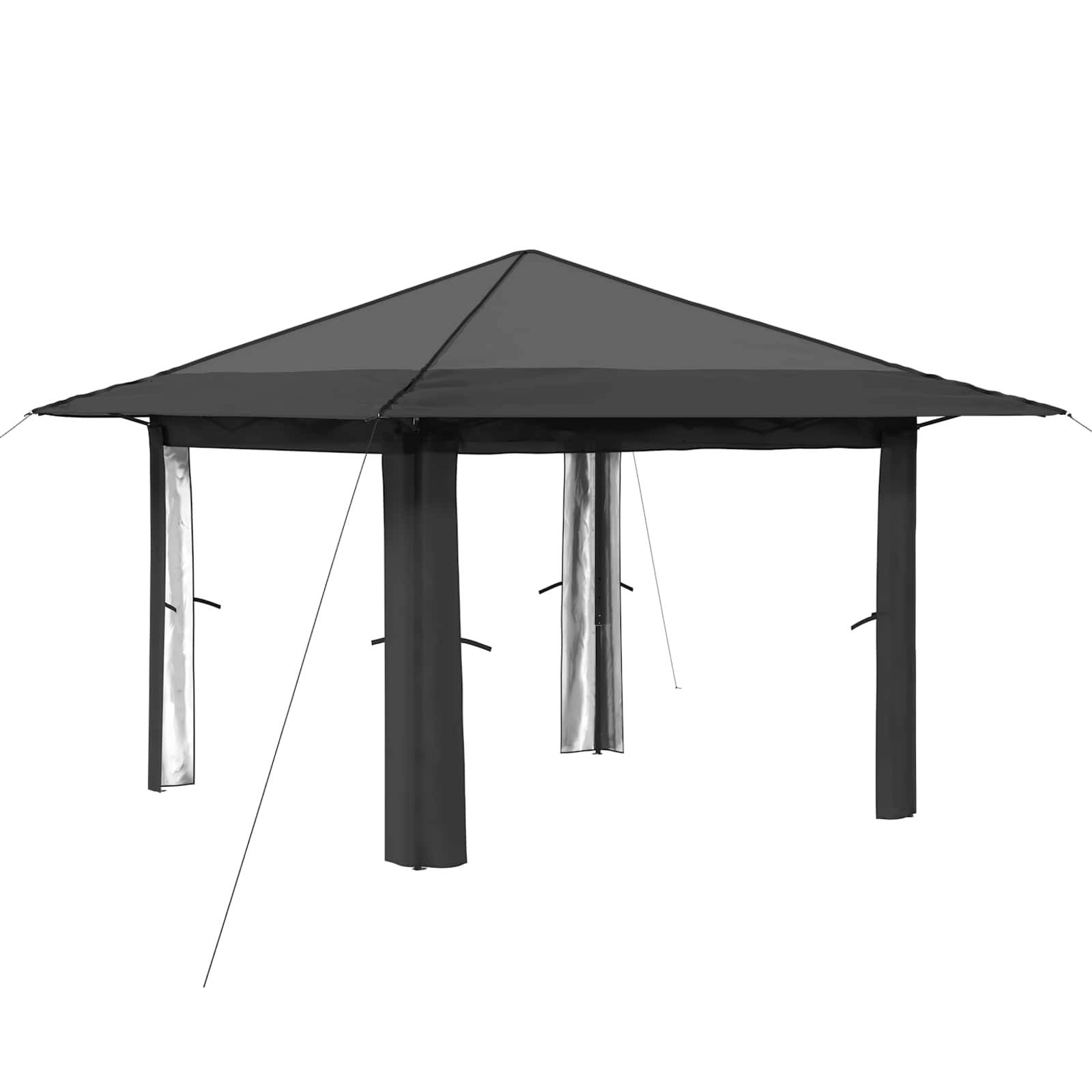 Schwarzes Outdoor-Gartenzelt mit vier Beinen, Spitzdach, hängenden Seitenpaneelen und Abspannseilen auf weißem Hintergrund.