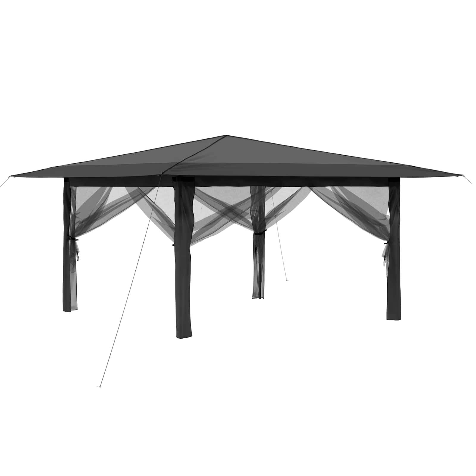 Schwarzes Gartenpavillon-Dach mit vier Pfosten und Netzvorhängen, isoliert auf weißem Hintergrund dargestellt.