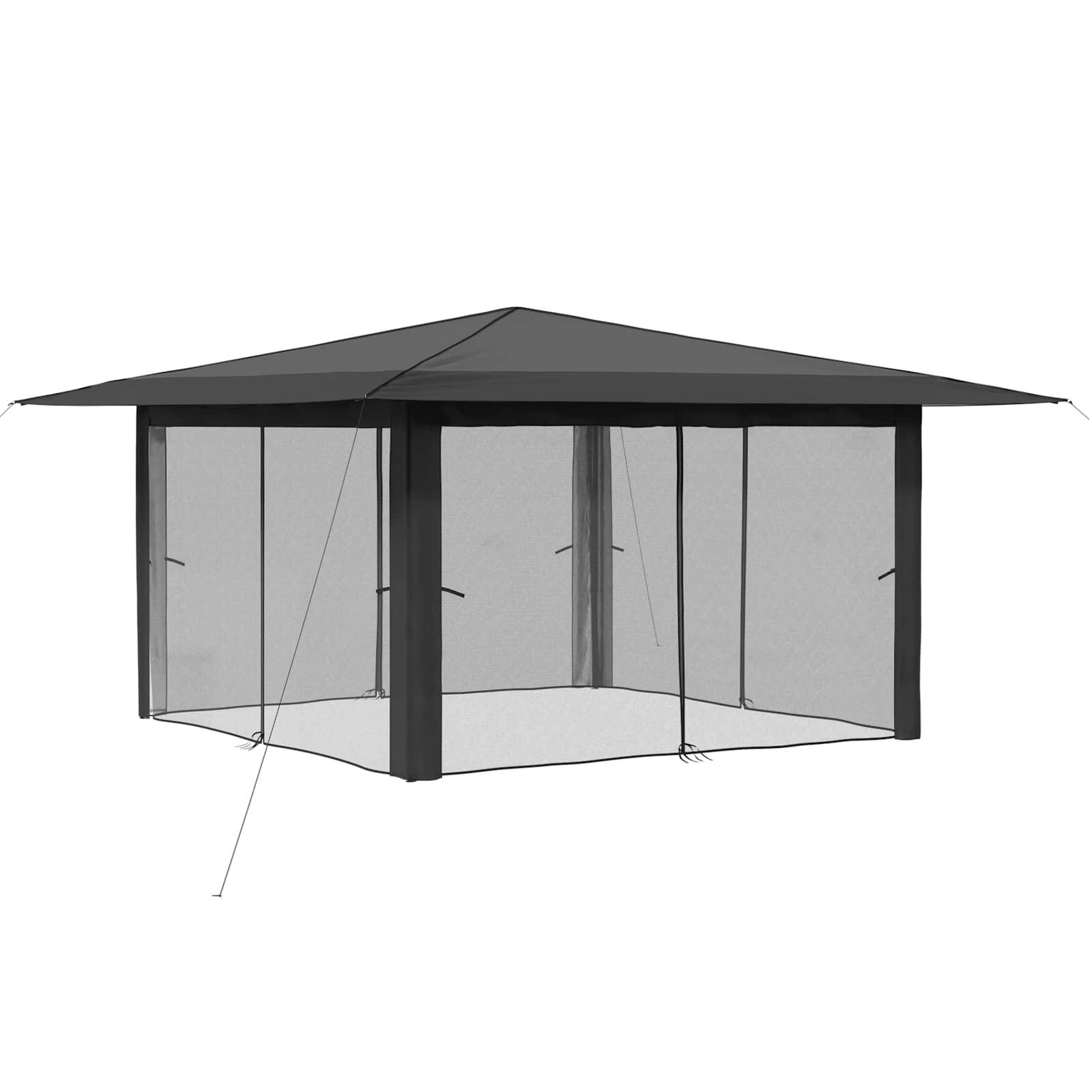 Gazebo mit schwarzem Rahmen, spitzem Dach und Netzwänden, gezeigt vor weißem Hintergrund.