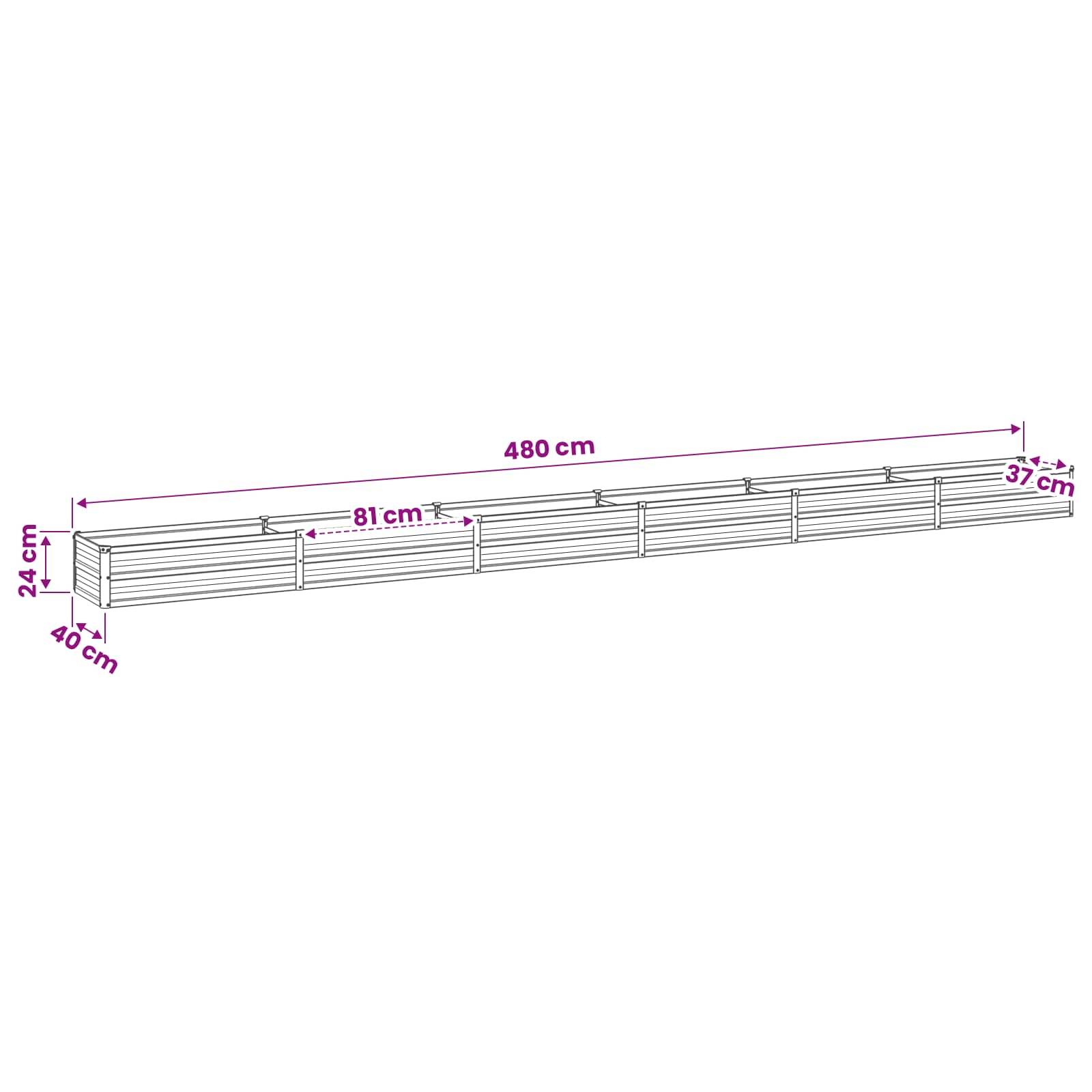Bemessungszeichnung einer langen rechteckigen Lattenkonstruktion, 480 cm lang, 24 cm hoch, 40 cm tief, mit 81 cm Schnittabstand und 37 cm Endbeschnitt.
