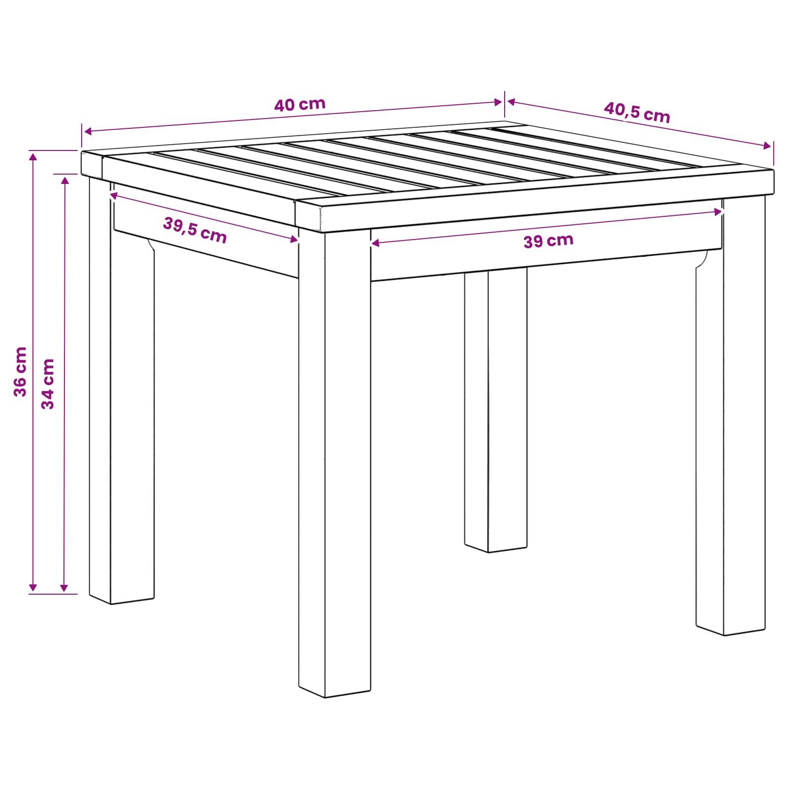 Maßstabzeichnung eines quadratischen Lattenttisch mit 40 cm mal 40,5 cm Tischplatte, 36 cm Gesamthöhe und 34 cm Beinhöhe.