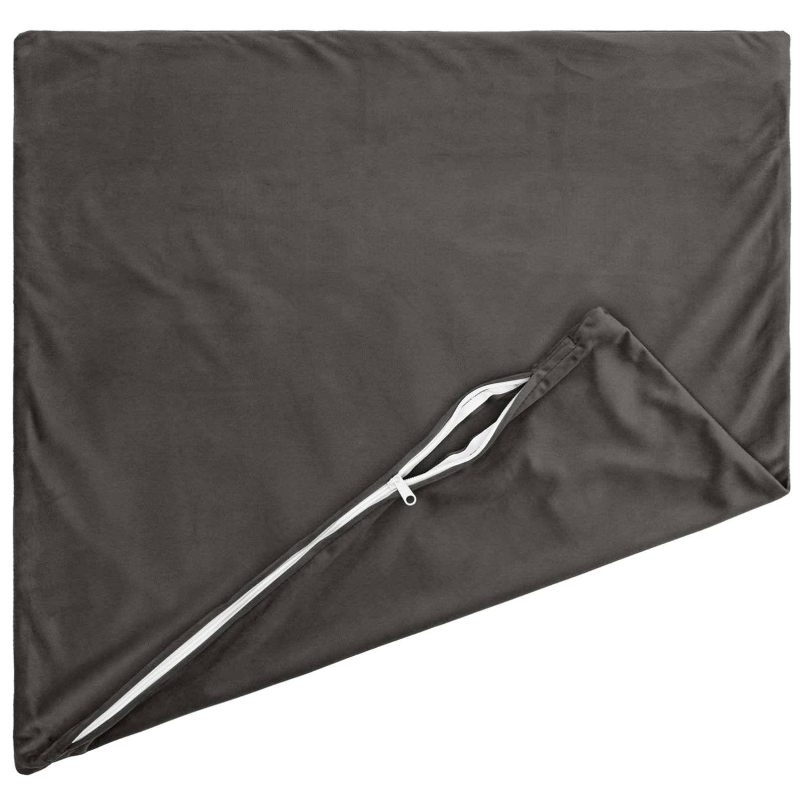 Schwarzes Kleidungsstück oder Decke mit Reißverschluss, flach gefaltet, teilweise offen gezeigt, mit weißem Reißverschluss an einer Ecke.