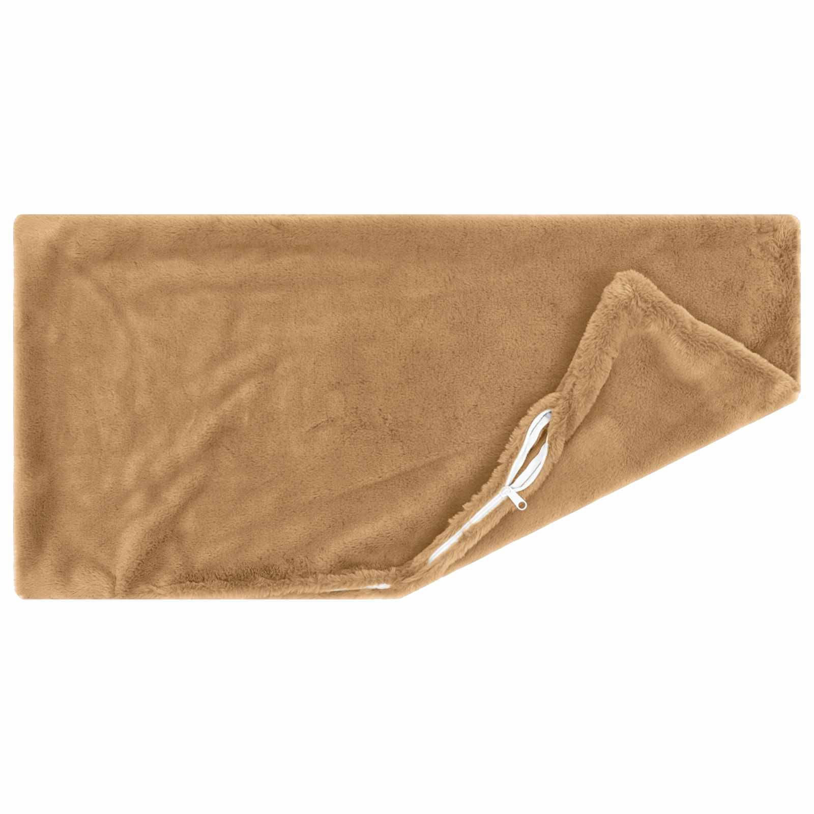 Beige Fleece-Decke, gefaltet mit einer umgeschlagenen Ecke, die eine weiße Zugschnur oder Schleife auf weißem Hintergrund zeigt.