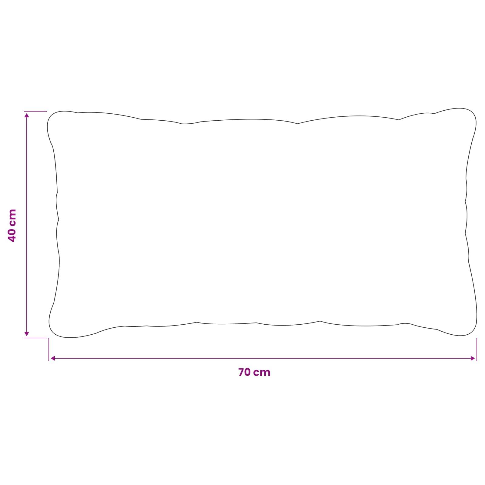 Umriss eines rechteckigen Kissens oder Polsters, beschriftet mit 70 cm breit und 40 cm hoch.
