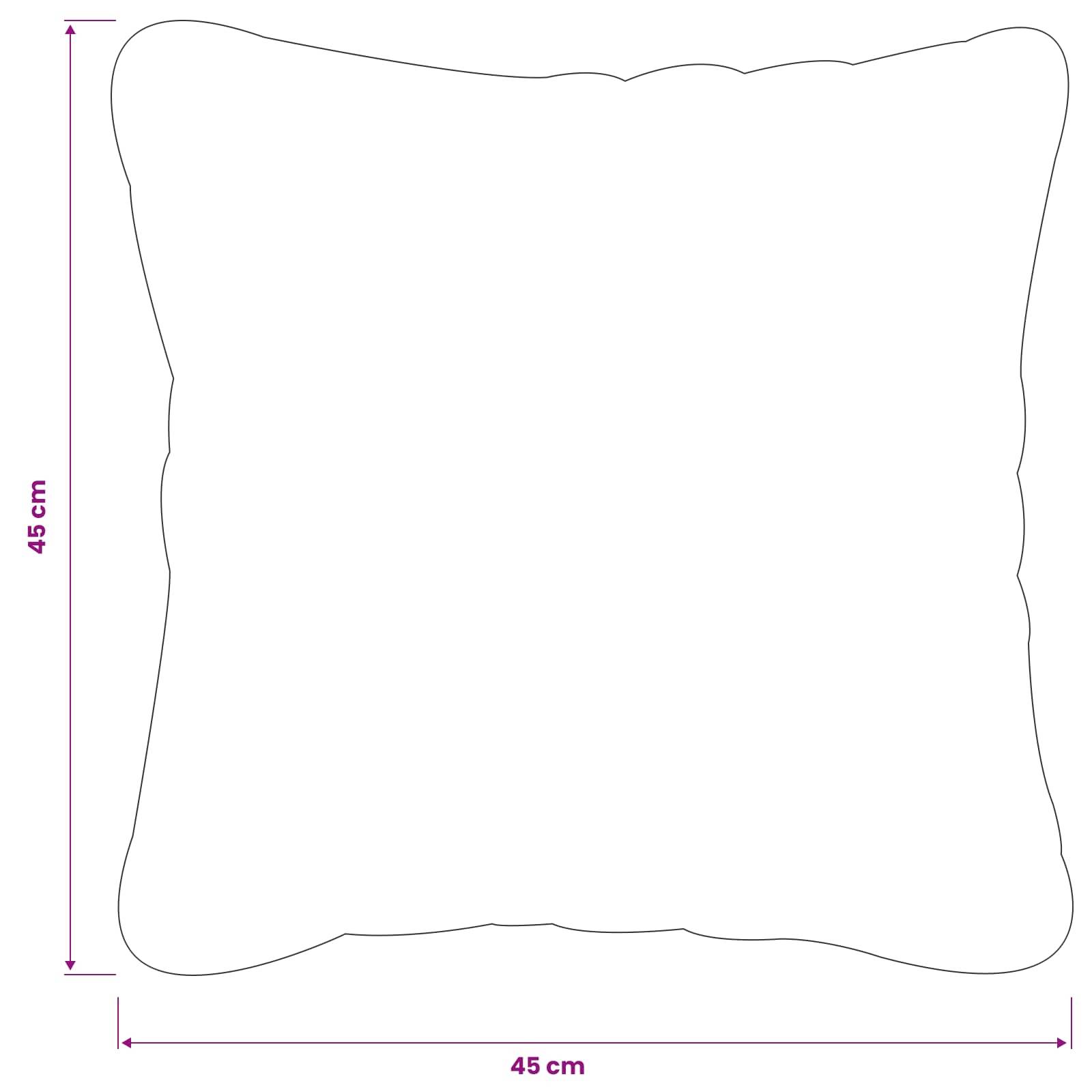 Quadratische Kissенform mit Wellenkanten, beschriftet mit 45 cm Höhe und 45 cm Breite.