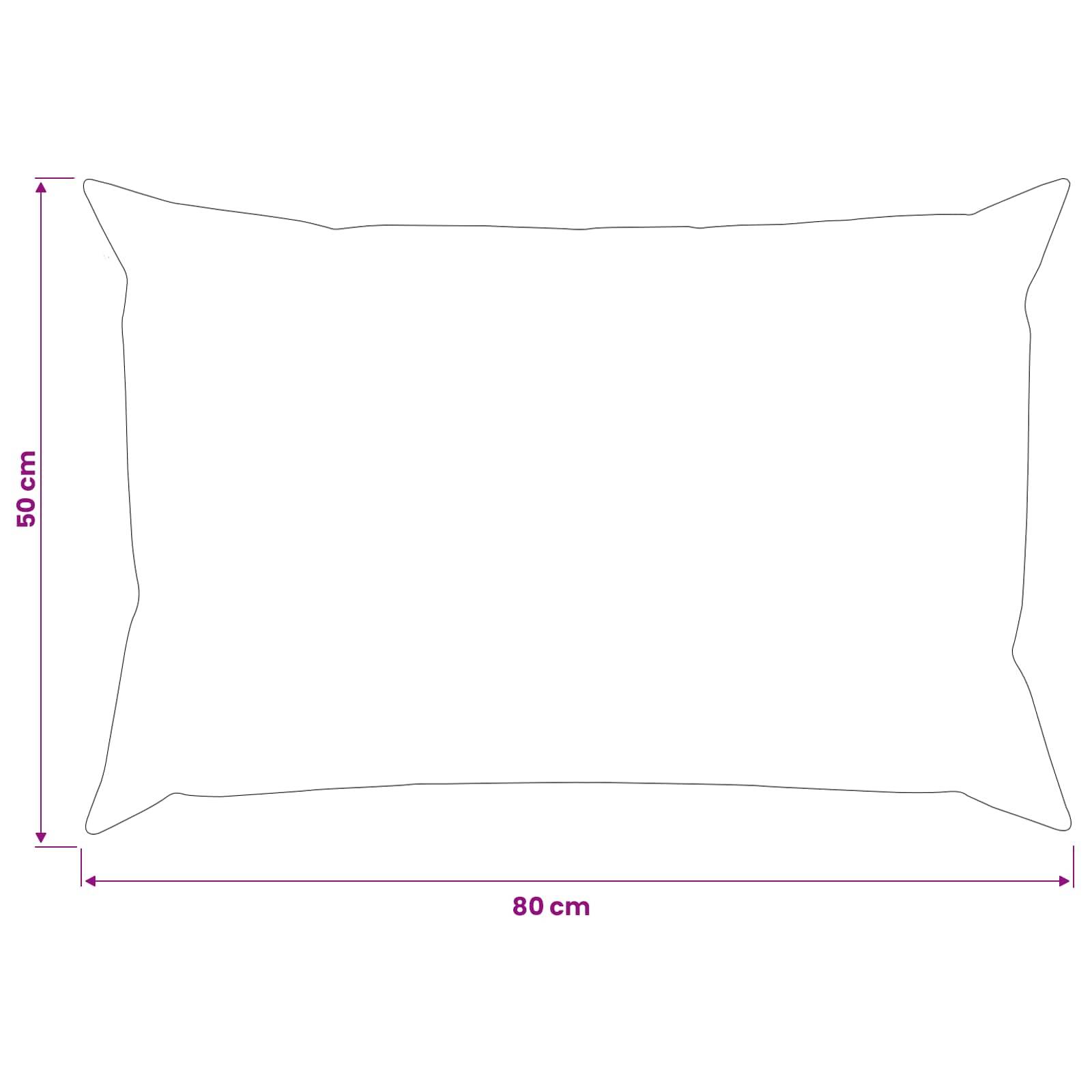 Umrisszeichnung eines rechteckigen Kissens, beschriftet mit 80 cm Breite und 50 cm Höhe.