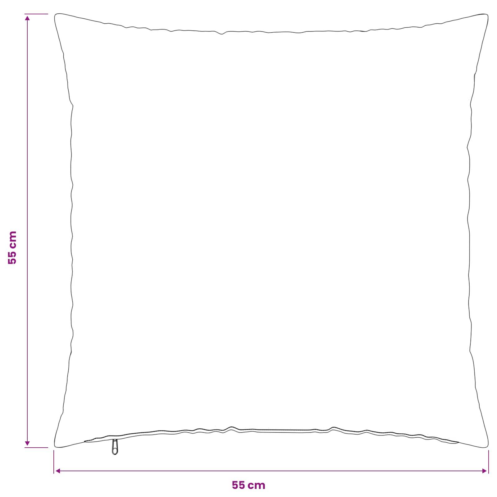 Umrisszeichnung eines quadratischen Kissens oder Polsters, mit den Maßen 55 cm breit und 55 cm hoch beschriftet.