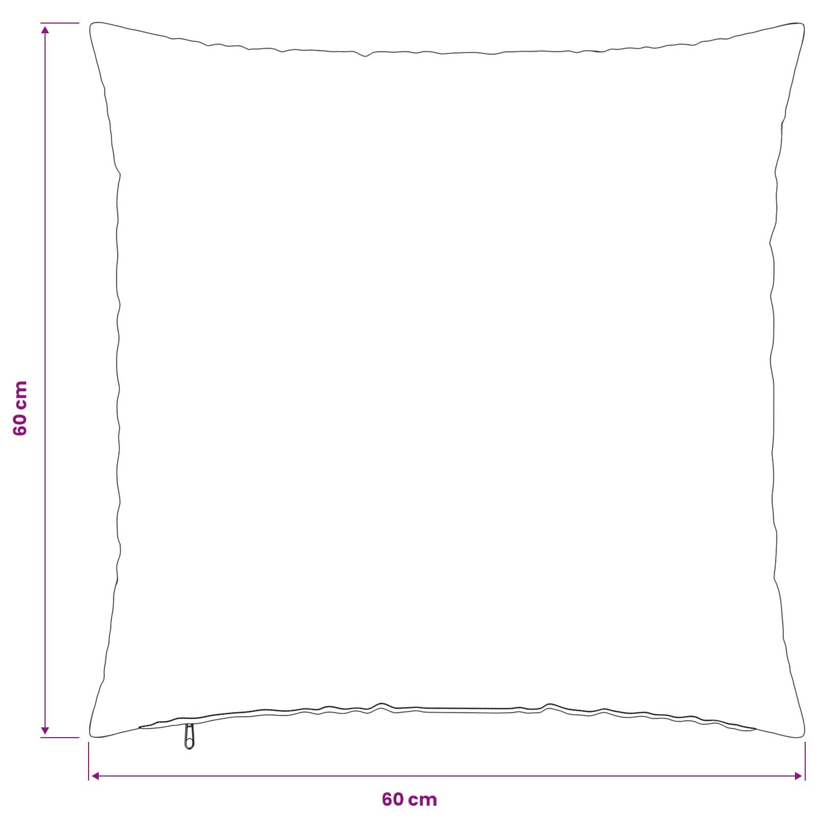 Umriss einer quadratischen Kissenhülle, beschriftet mit 60 cm mal 60 cm, von vorne dargestellt.