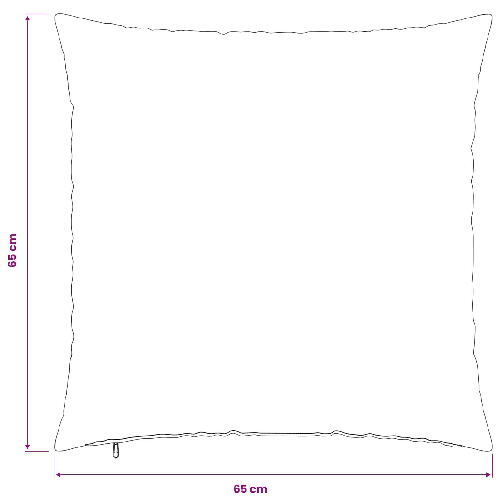 Umrisszeichnung eines quadratischen Kissens oder Polsters, beschriftet mit 65 cm breit und 65 cm hoch.