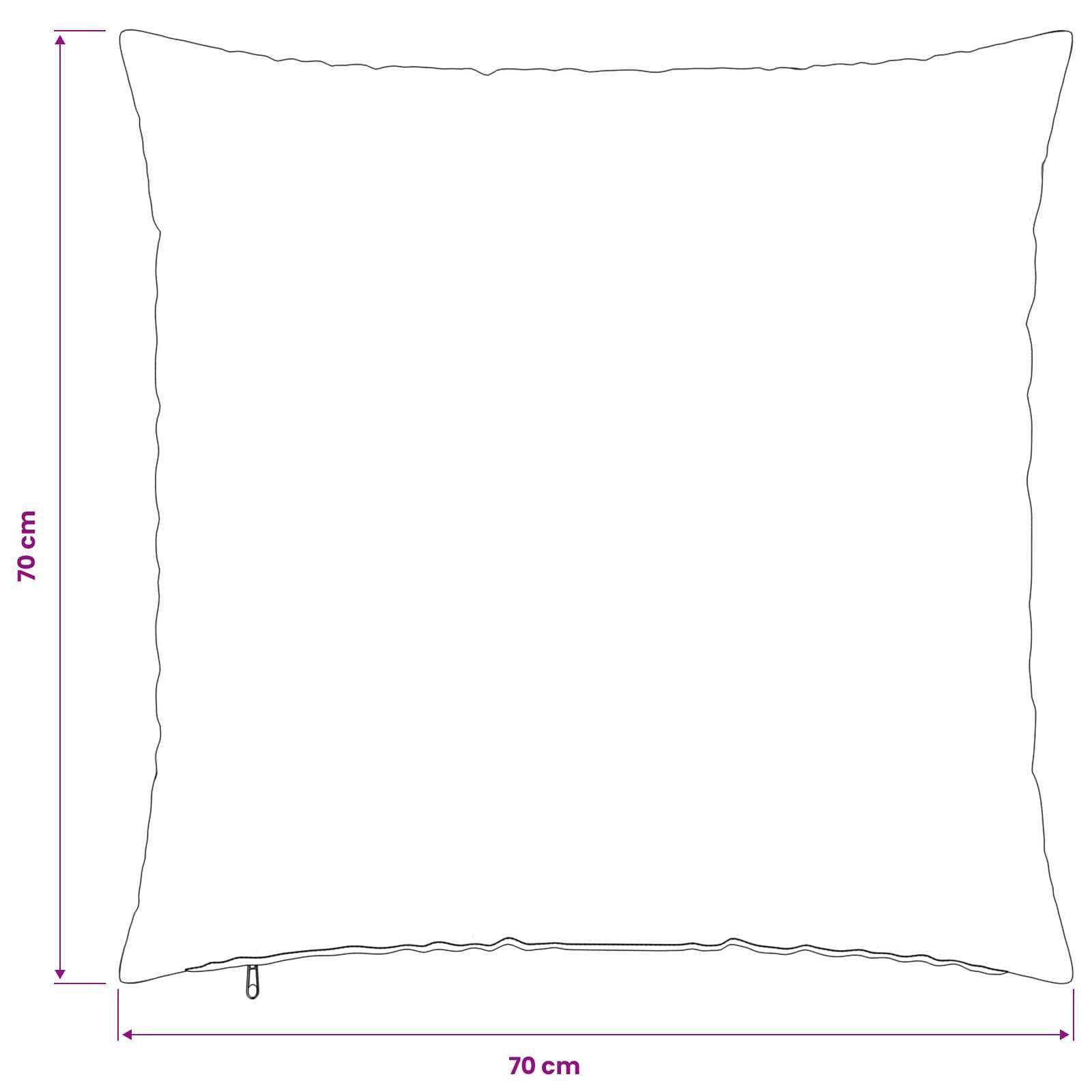Quadratisches weißes Kissenkissen mit beschrifteten Abmessungen von 70 cm x 70 cm