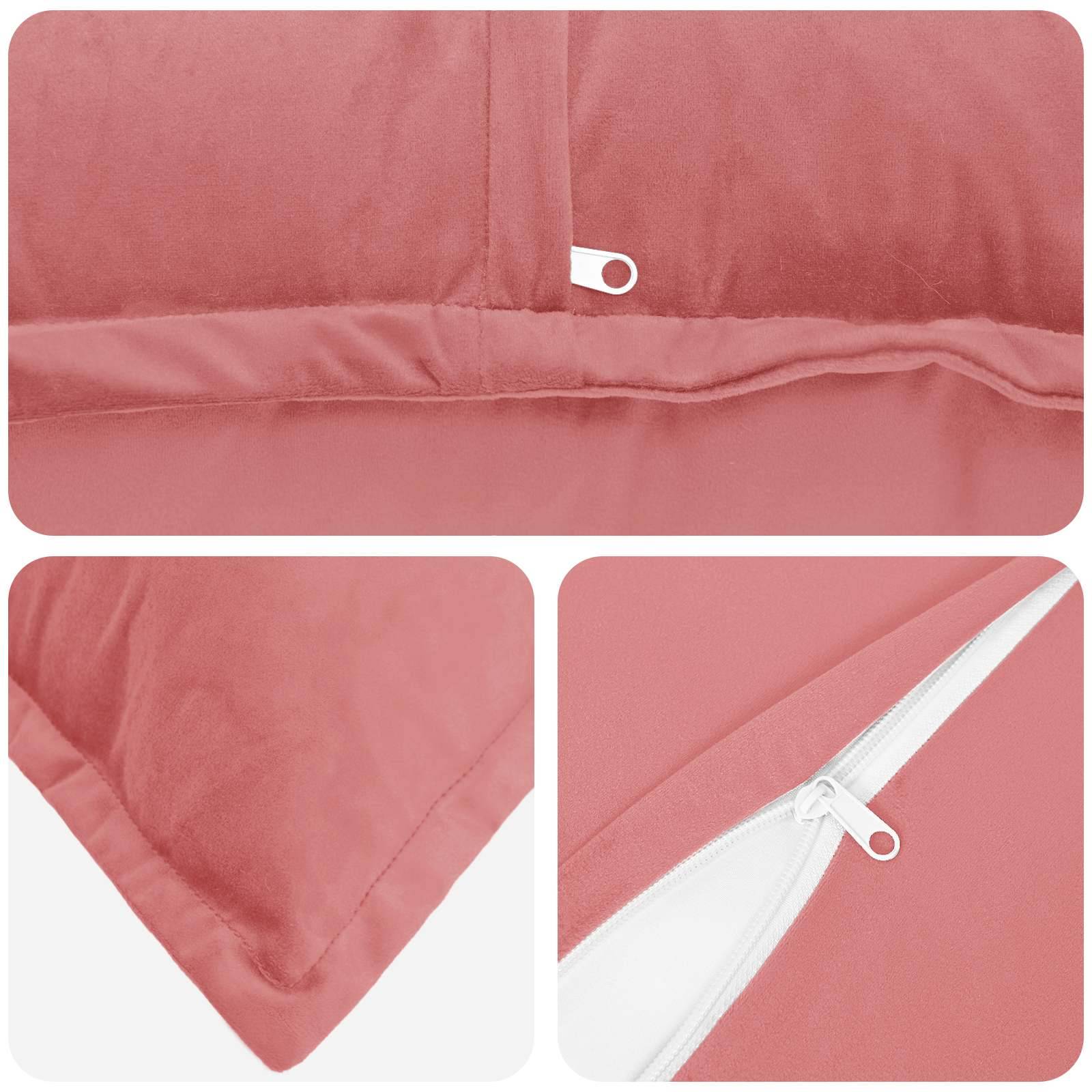 Collage eines rosa Kissens oder Kissenbezugs: Naht mit Steppnaht, spitzer Ecke und weißem Reißverschluss mit Schieber.