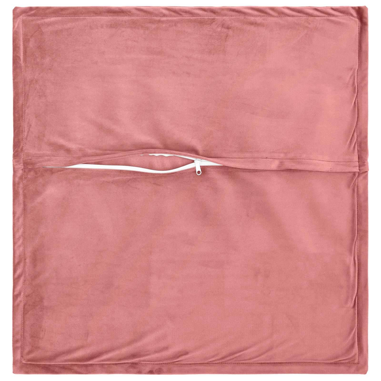 Rosa quadratische Kissenhülle mit zentriertem horizontalem Reißverschluss.