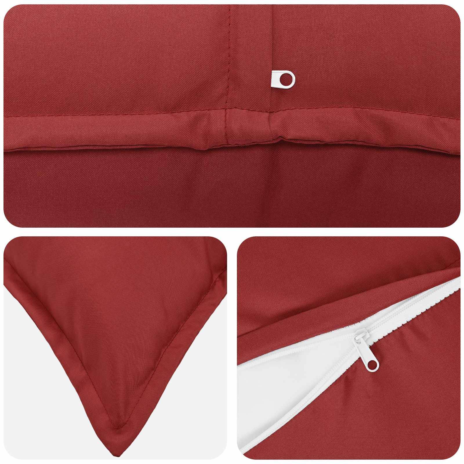 Nahaufnahme-Produktcollage eines roten Stoffkleidungsstücks, das eine zentrierte Naht, einen spitzen Saum und ein weißes Reißverschluss-Detail auf einem weißen Futter zeigt.