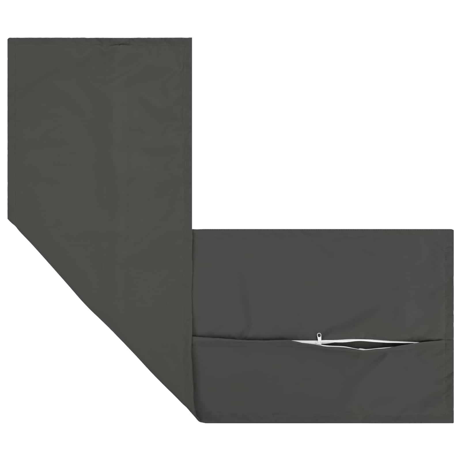 Dunkelgraues L-förmiges Kleidungsstück, wahrscheinlich eine Hose oder ein Schutzanzug, flach dargestellt mit einer Reißverschlusstasche am unteren rechten Bein.