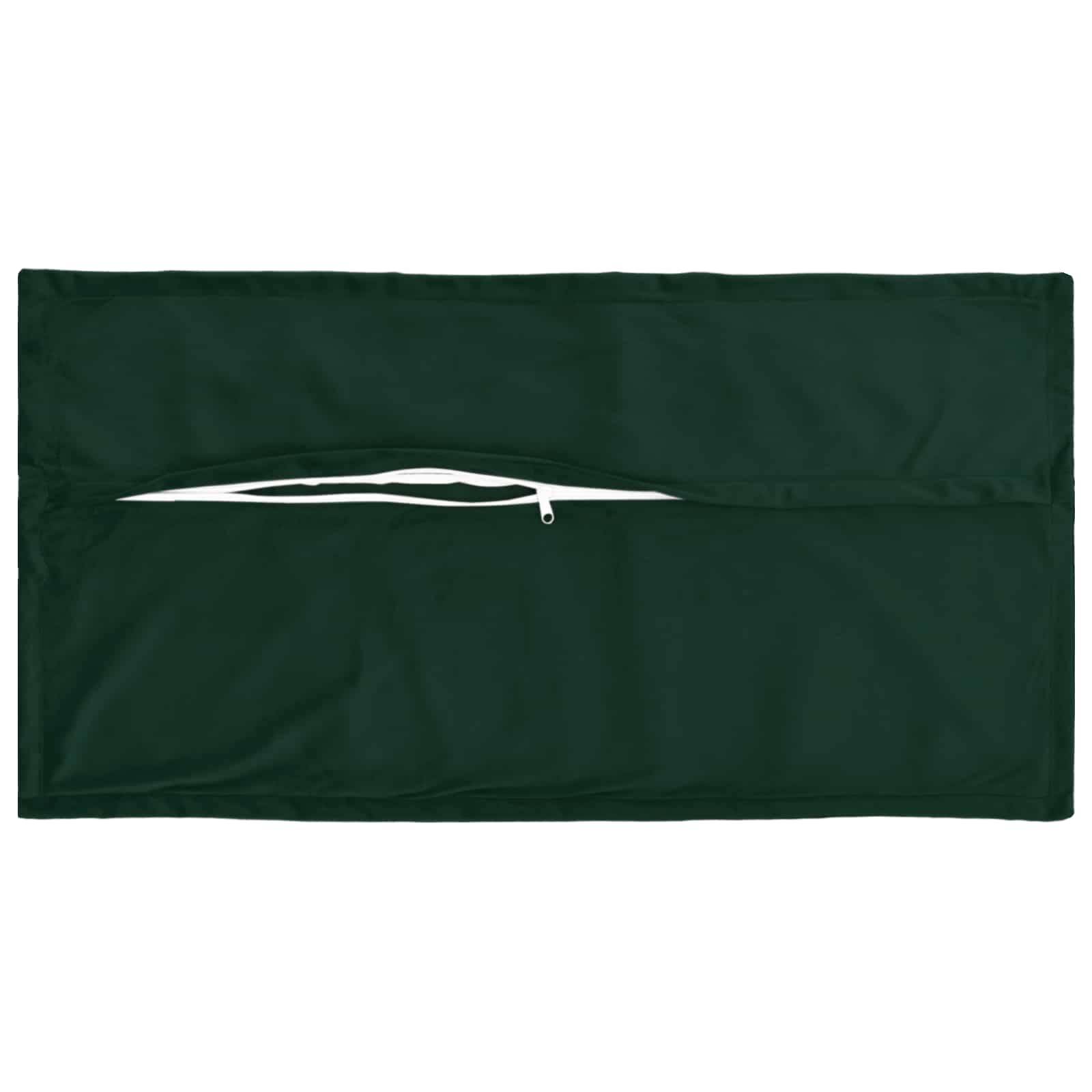 Dunkelgrüne Stoff-Tasche mit Reißverschluss, flach auf weißem Hintergrund liegend, mit kleinem weißem Reißverschluss in der Nähe der oberen Mitte.