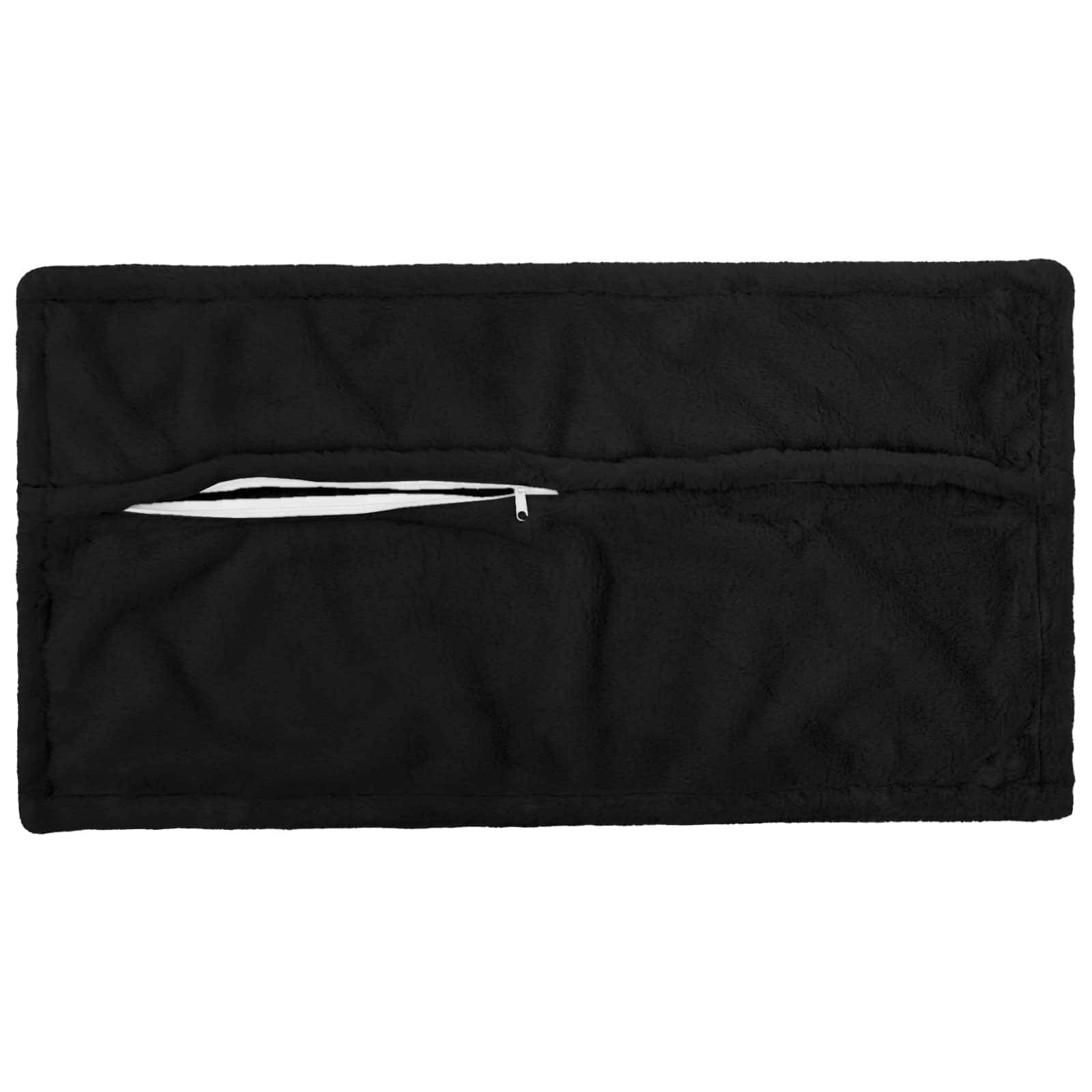 Schwarze rechteckige Reißverschlusstasche oder Etui mit weißem Reißverschluss, gezeigt auf einfachem weißem Hintergrund.