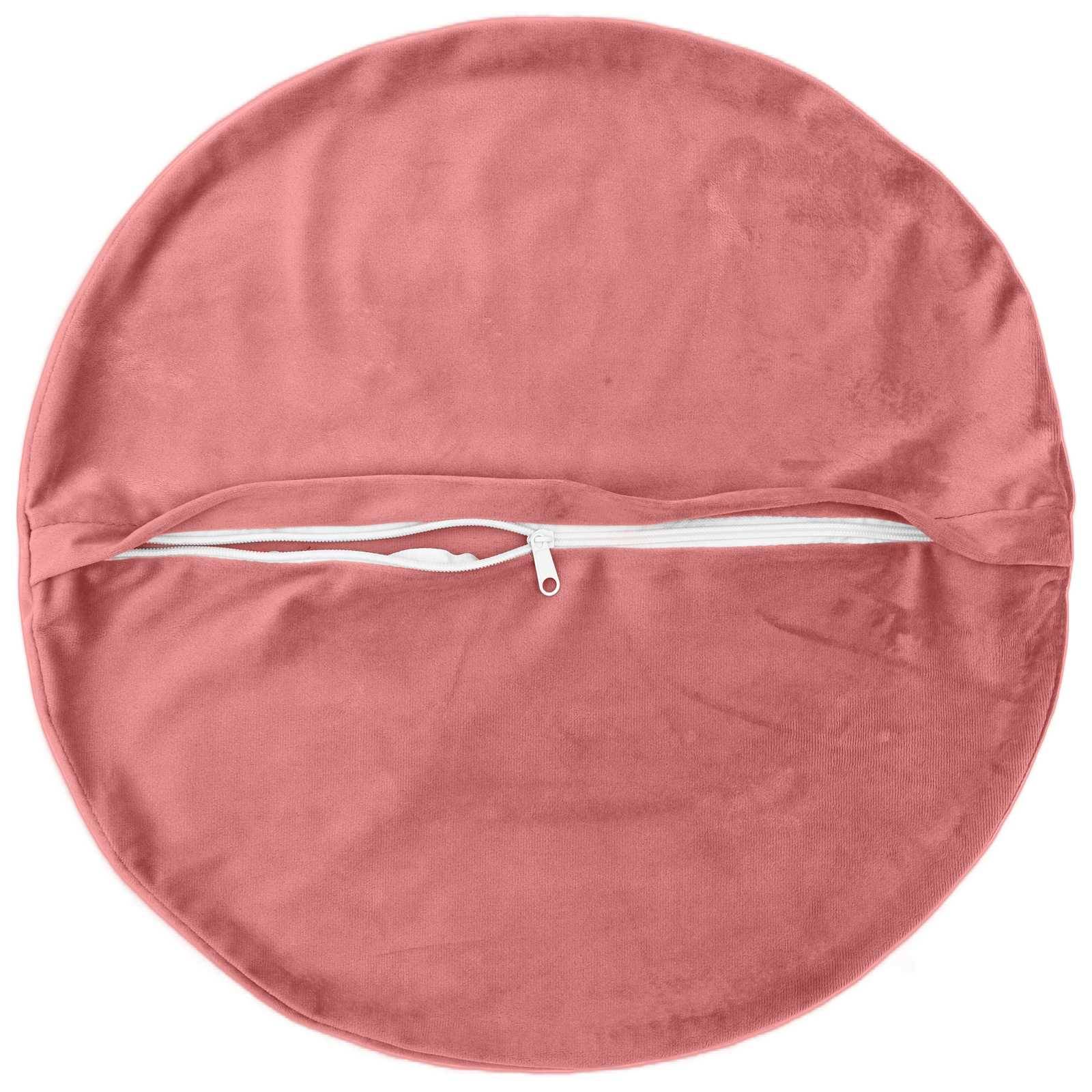 Rundes rosa Kissenbezug mit einem horizontalen Reißverschluss in der Mitte, auf weißem Hintergrund dargestellt.