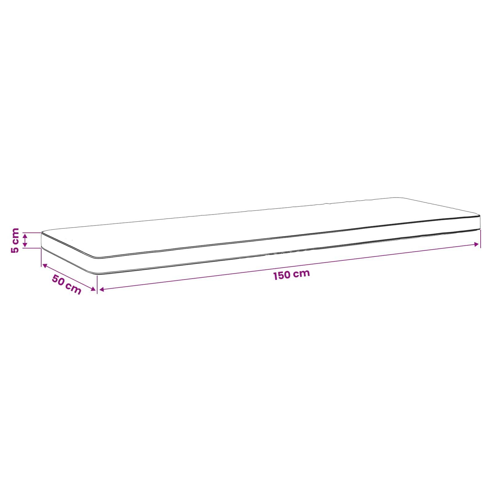 Diagramm einer rechteckigen Matratze oder eines Kissens mit den Abmessungen 150 cm Länge, 50 cm Breite und 5 cm Dicke.