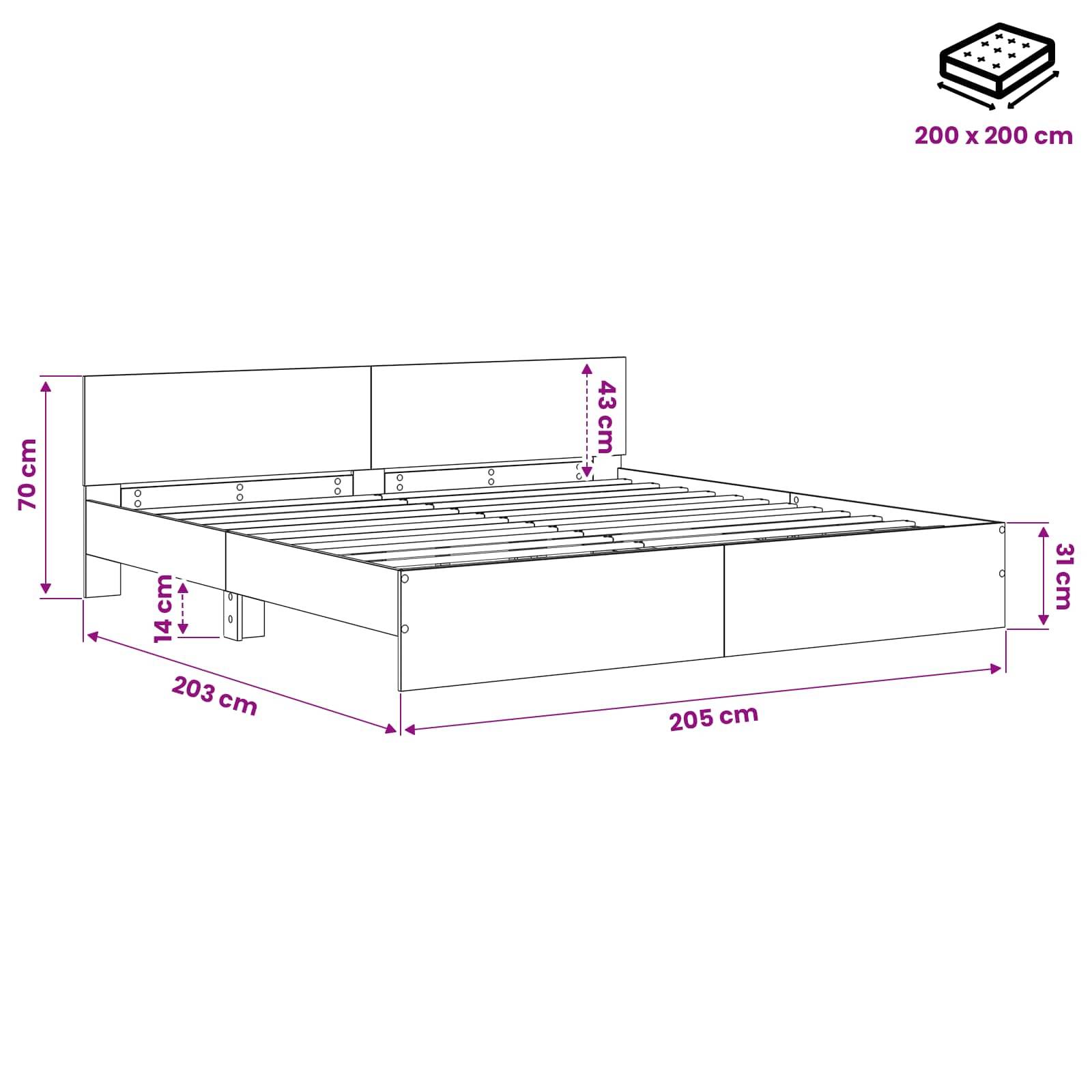 Diagramm eines Bettgestells mit Abmessungen: 205 cm lang, 203 cm breit, 70 cm Kopfteillänge, 31 cm Fußteillänge, 43 cm Kopfteilpaneel, 14 cm Freiraum, passt zu 200 x 200 cm Matratze.
