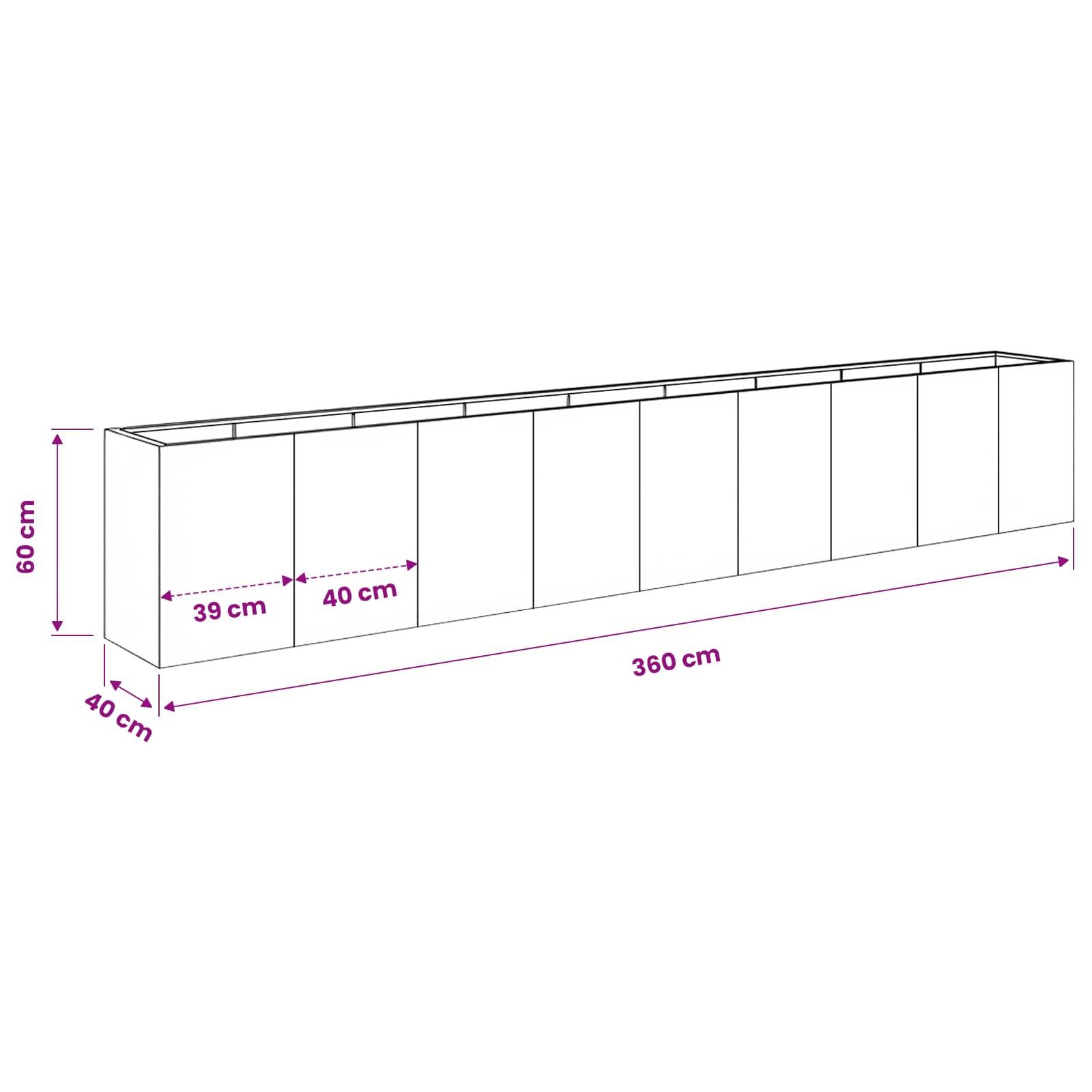 Bemaßte Zeichnung eines langen rechteckigen Schranks: 360 cm breit, 60 cm hoch, 40 cm tief, mit zwei Vorderseiten-Abschnitten mit den Bezeichnungen 39 cm und 40 cm.