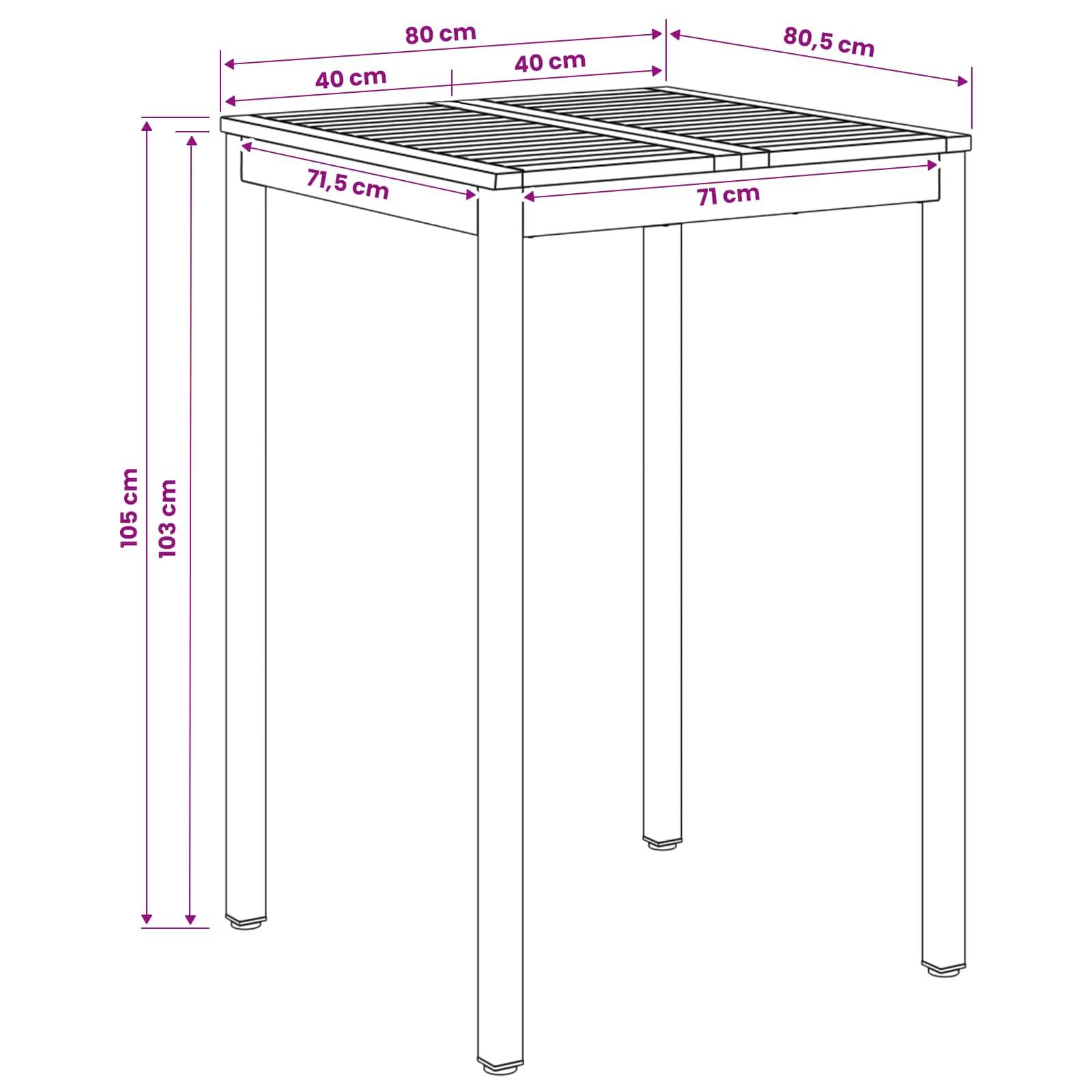 Maßstabgerechte Linienzeichnung eines rechteckigen Tisches mit Angabe der oberen Breite 80 cm und 80,5 cm, Tiefe 40 cm und Höhe etwa 103 bis 105 cm.