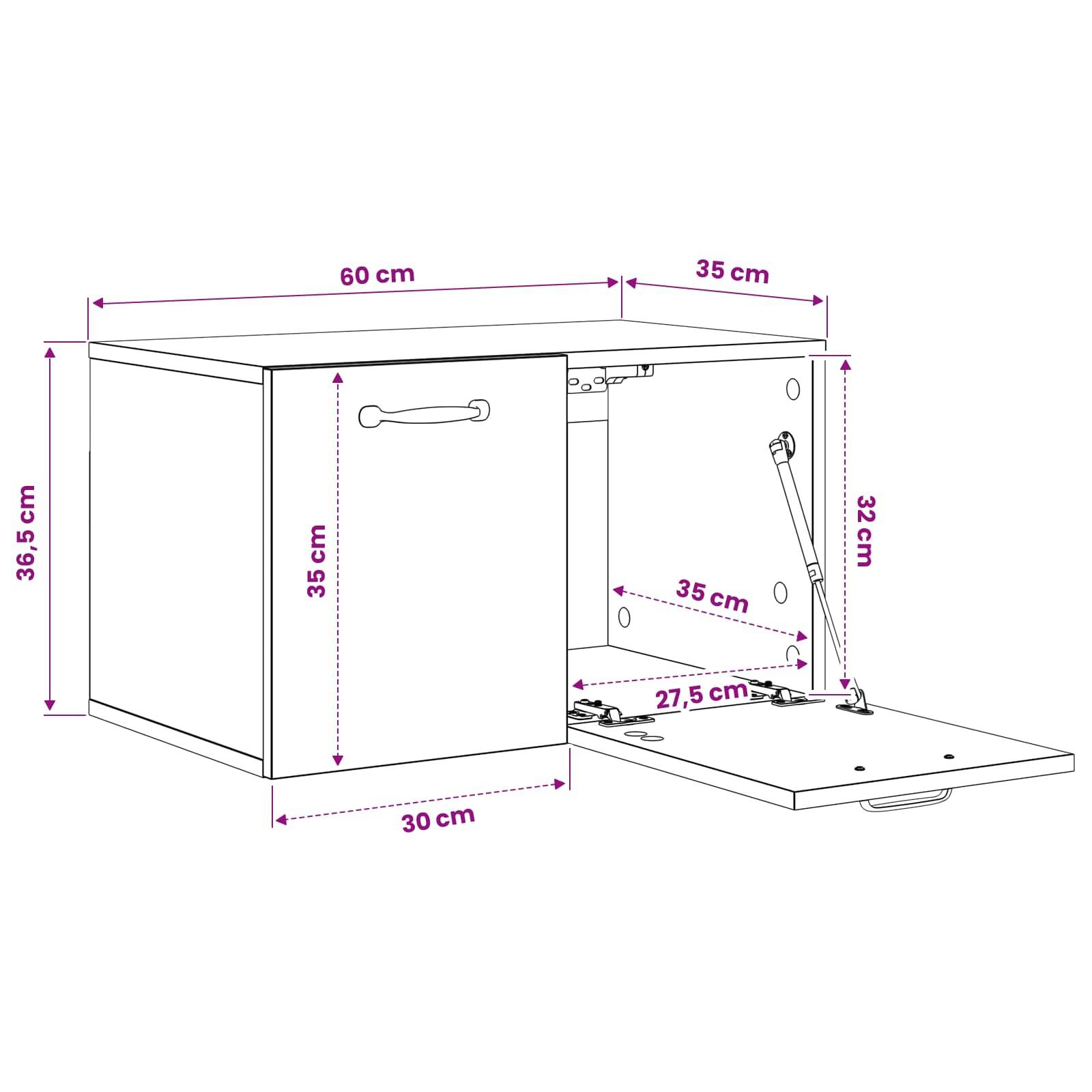 Maßstabgerechte Zeichnung eines Wandschranks oder einer Box mit einer Fronttür und einem herunterklappbaren unteren Panel, beschriftet mit 60 cm Breite, 36,5 cm Höhe, 35 cm Tiefe, mit markierten Innenmaßen.