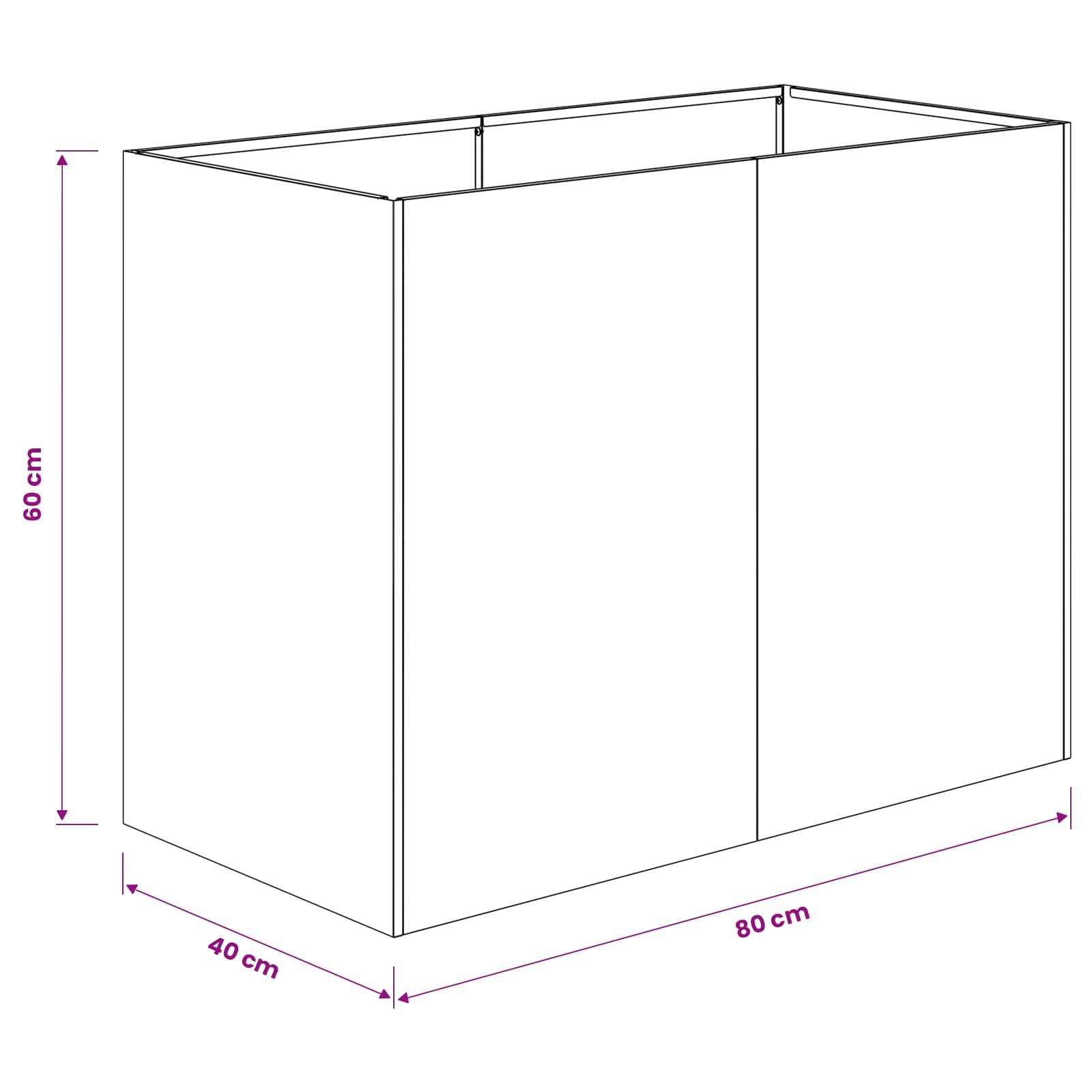 Einfache Strichzeichnung einer rechteckigen Box mit offener Oberseite mit den Abmessungen: 80 cm Länge, 40 cm Breite und 60 cm Höhe.