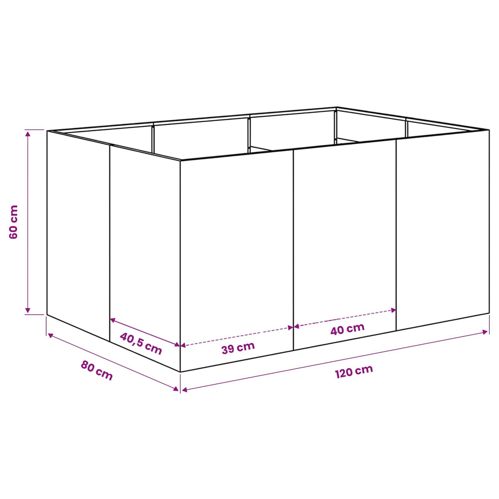 Linienzeichnung einer offenen rechteckigen Schachtel mit gekennzeichneten Abmessungen: 120 cm lang, 80 cm breit und 60 cm hoch, mit inneren Abschnitten gekennzeichnet mit 40,5 cm, 39 cm und 40 cm.