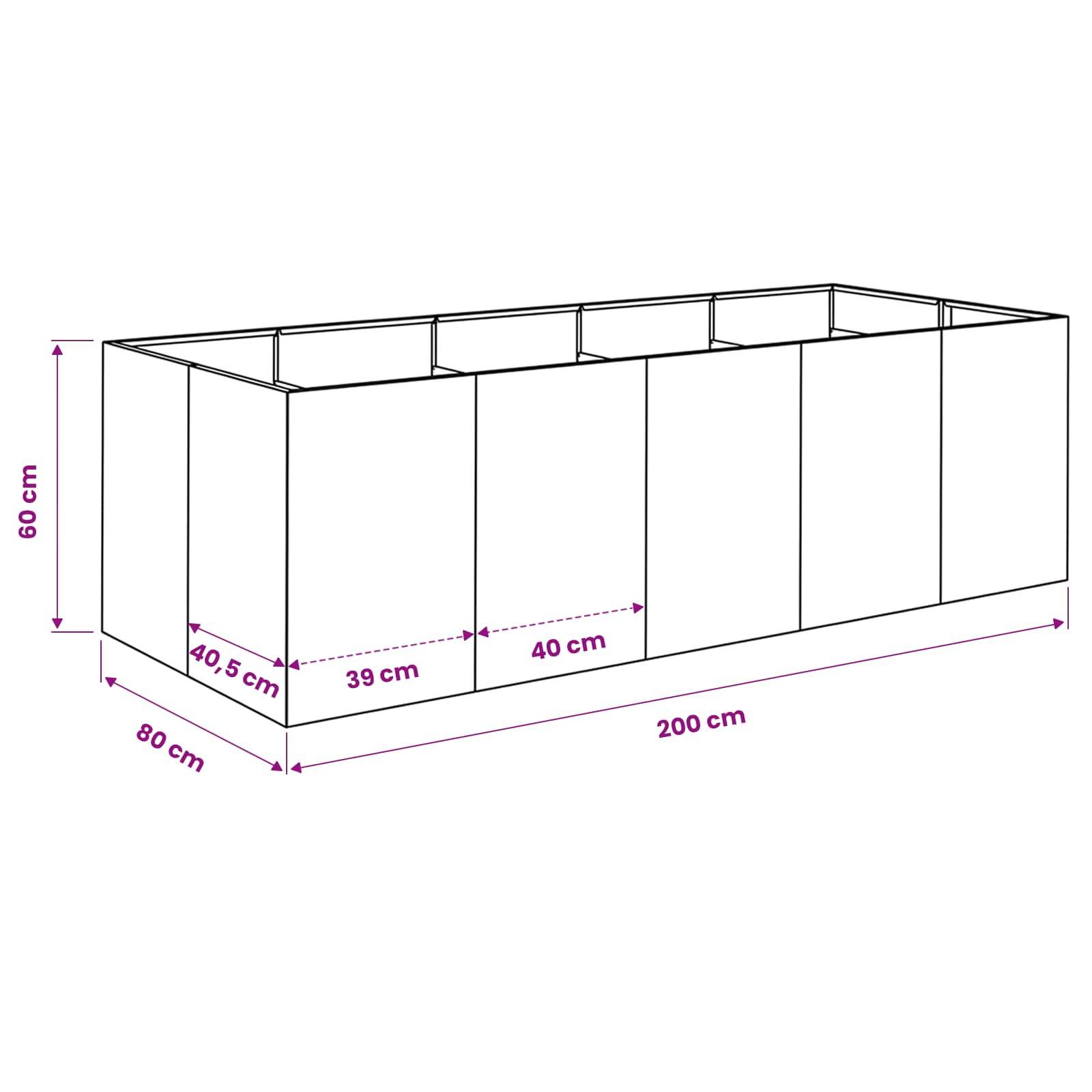 Maßstabgerechtes Diagramm eines rechteckigen Schranks mit offener Oberseite, 200 cm lang, 80 cm tief und 60 cm hoch, mit beschrifteten inneren Abschnittbreiten von 40,5 cm, 39 cm und 40 cm.