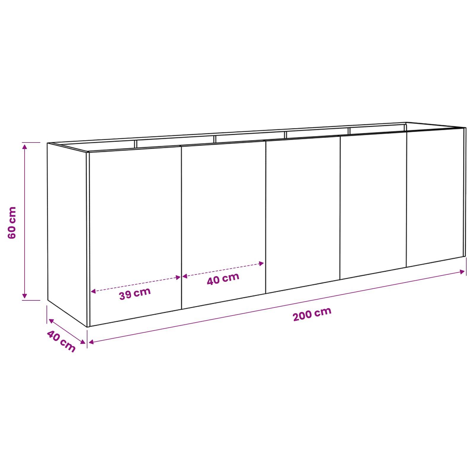 Diagramm eines rechteckigen Lagerschranks mit Abmessungen: 200 cm lang, 60 cm hoch, 40 cm tief, mit zwei Vorderseiten-Breitenabmessungen von 39 cm und 40 cm.