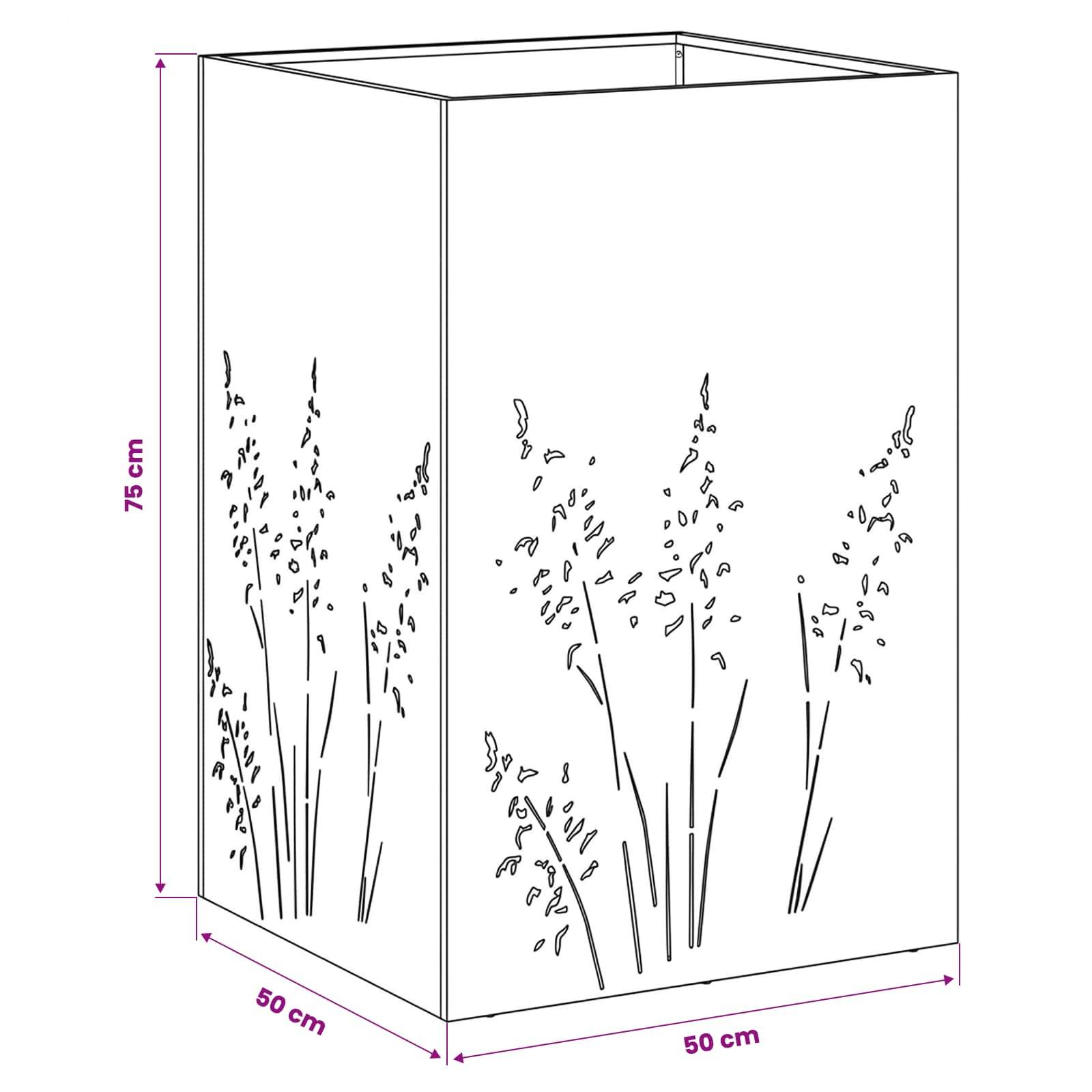 Diagramm eines quadratischen Pflanzkastens mit Blumenstieldesign, das die Abmessungen 75 cm Höhe und 50 cm Breite auf jeder Seite zeigt.
