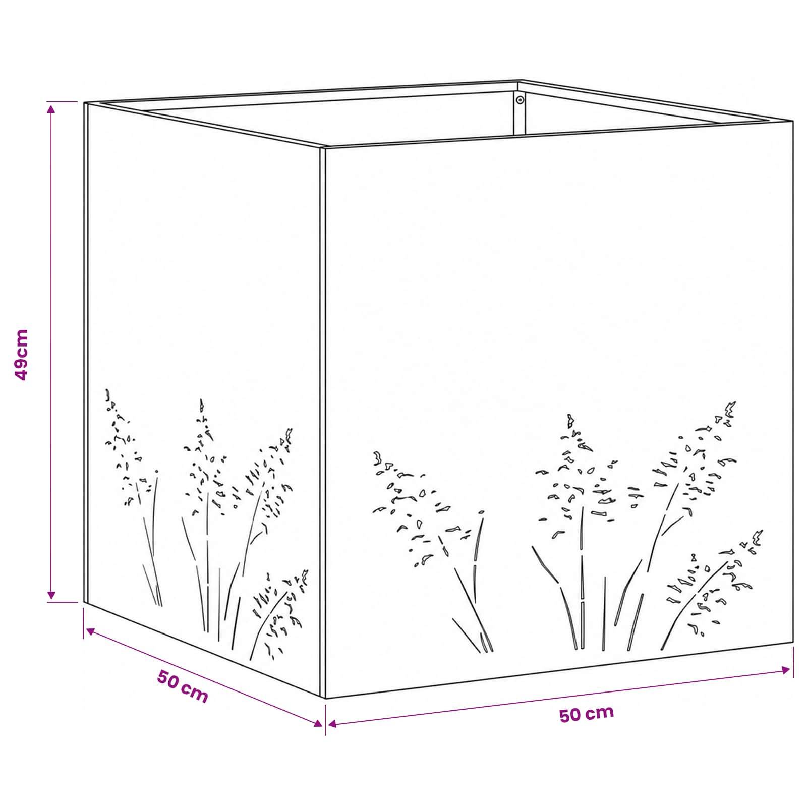 Illustration einer quadratischen Stoffabdeckung für Pflanzen oder Aufbewahrungsbox, 49 cm hoch und 50 cm breit/tief, mit Blumendruck im unteren Bereich.