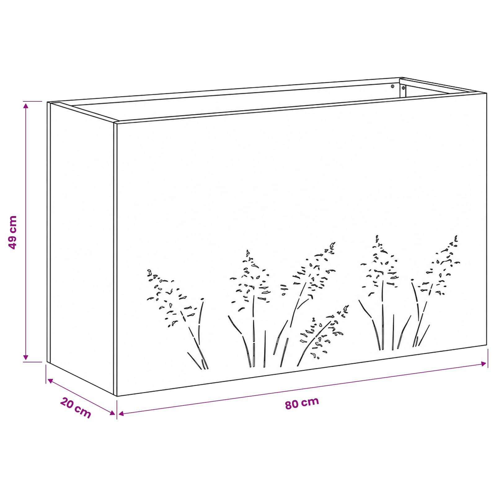 Darstellung eines rechteckigen Blumenkastens mit Blumenmuster, beschriftet mit 80 cm Länge, 20 cm Breite und 49 cm Höhe.