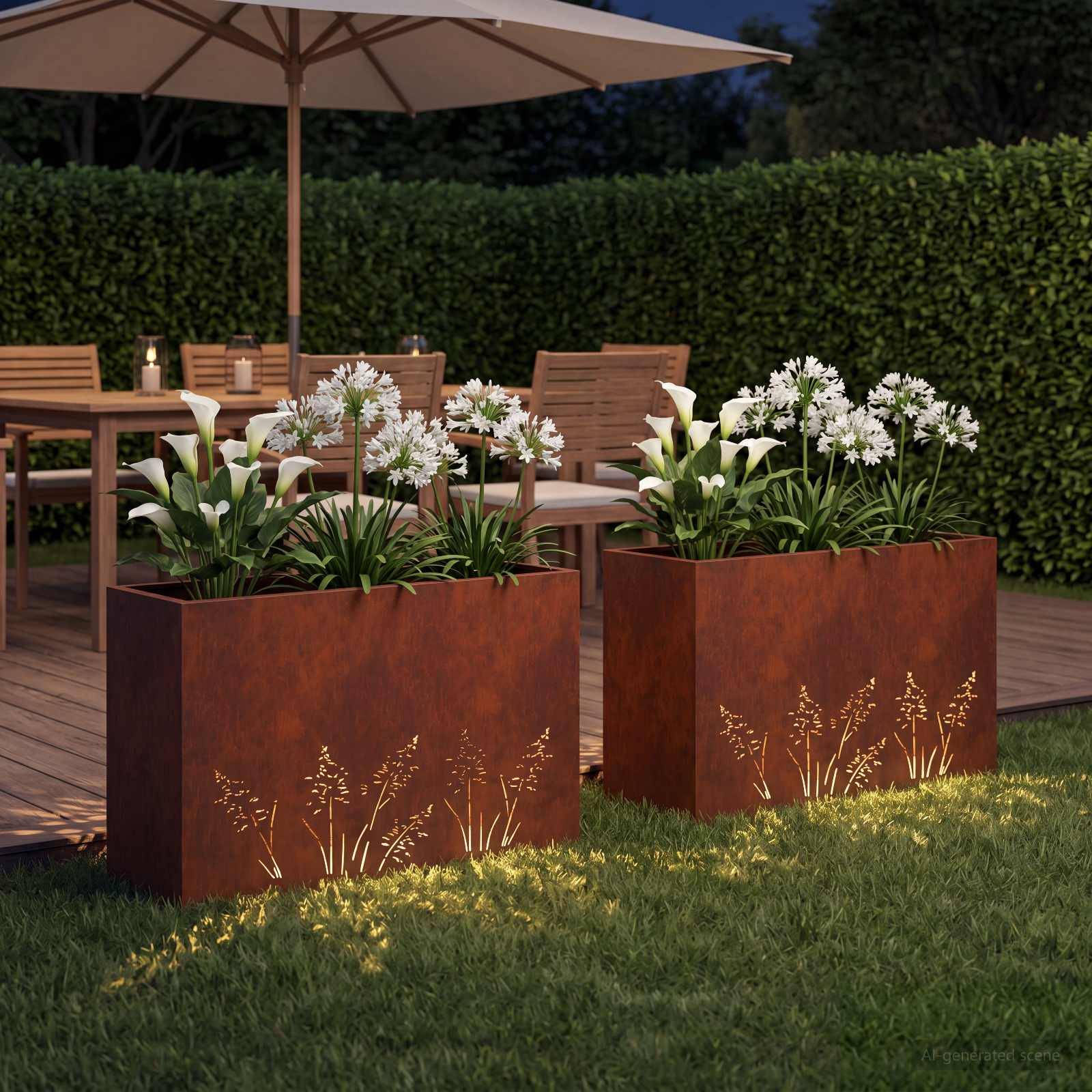 Zwei rostfarbene Metallblumenkübel mit weißen Blüten stehen auf einer Terrasse neben einer Holzbank und einem Schirm in einem gestalteten Garten.