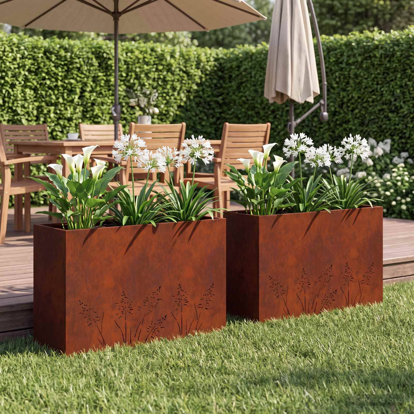 Zwei rostfarbene Metallblumenkästen mit weißen Blumen und grünen Pflanzen auf einer Terrasse, mit Holz-Gartenmöbeln und Sonnenschirmen im Hintergrund.