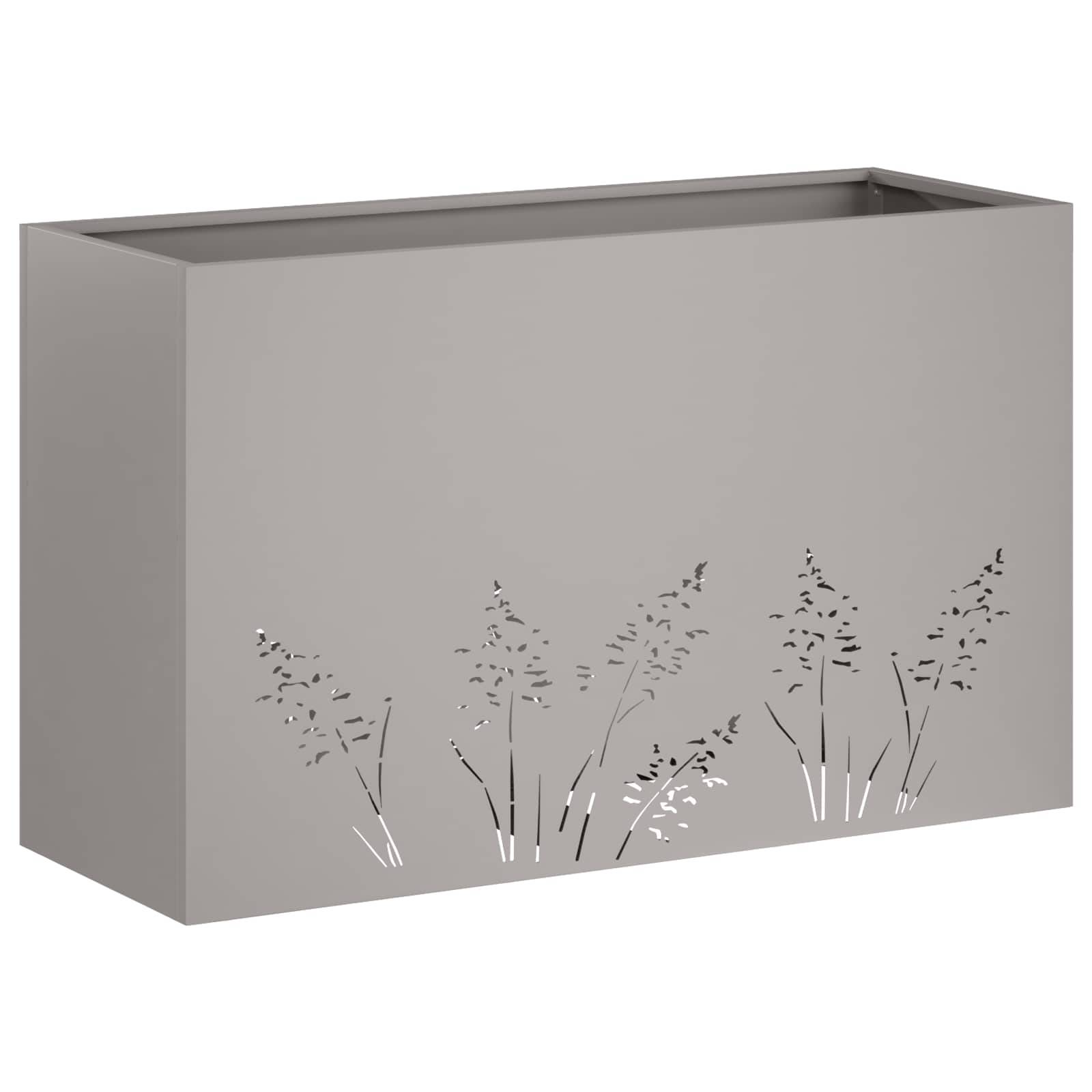 Graue rechteckige Blumenkasten mit offener Oberseite und dekorativer Grassilhouette in der Nähe des Bodens.