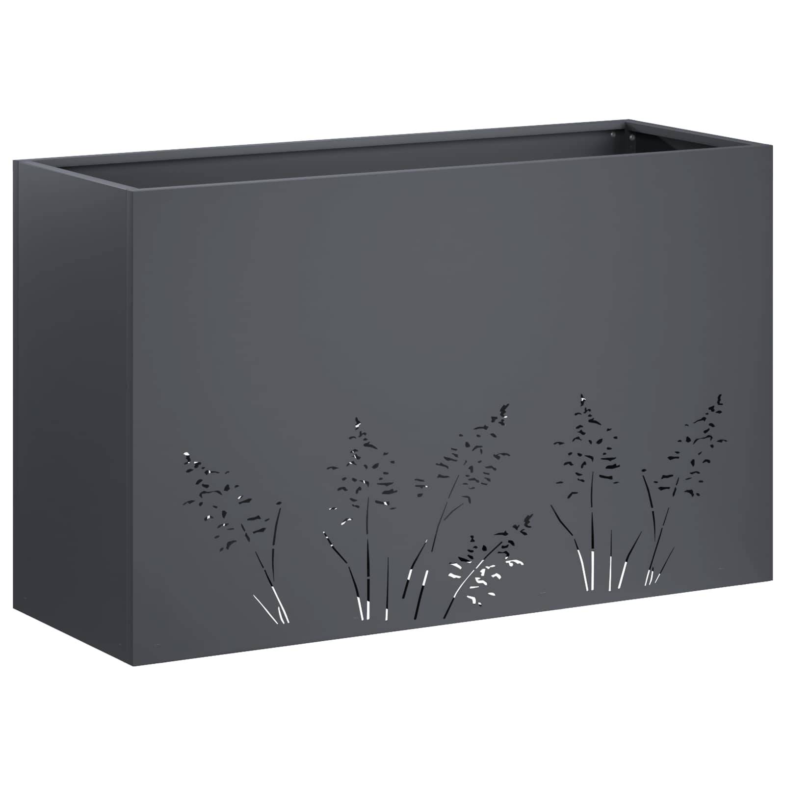 Dunkelgraue rechteckige Blumenkiste mit subtiler Gras- und Wildblumen-Silhouetten-Ausschnitt in der Nähe der unteren Vorderseite