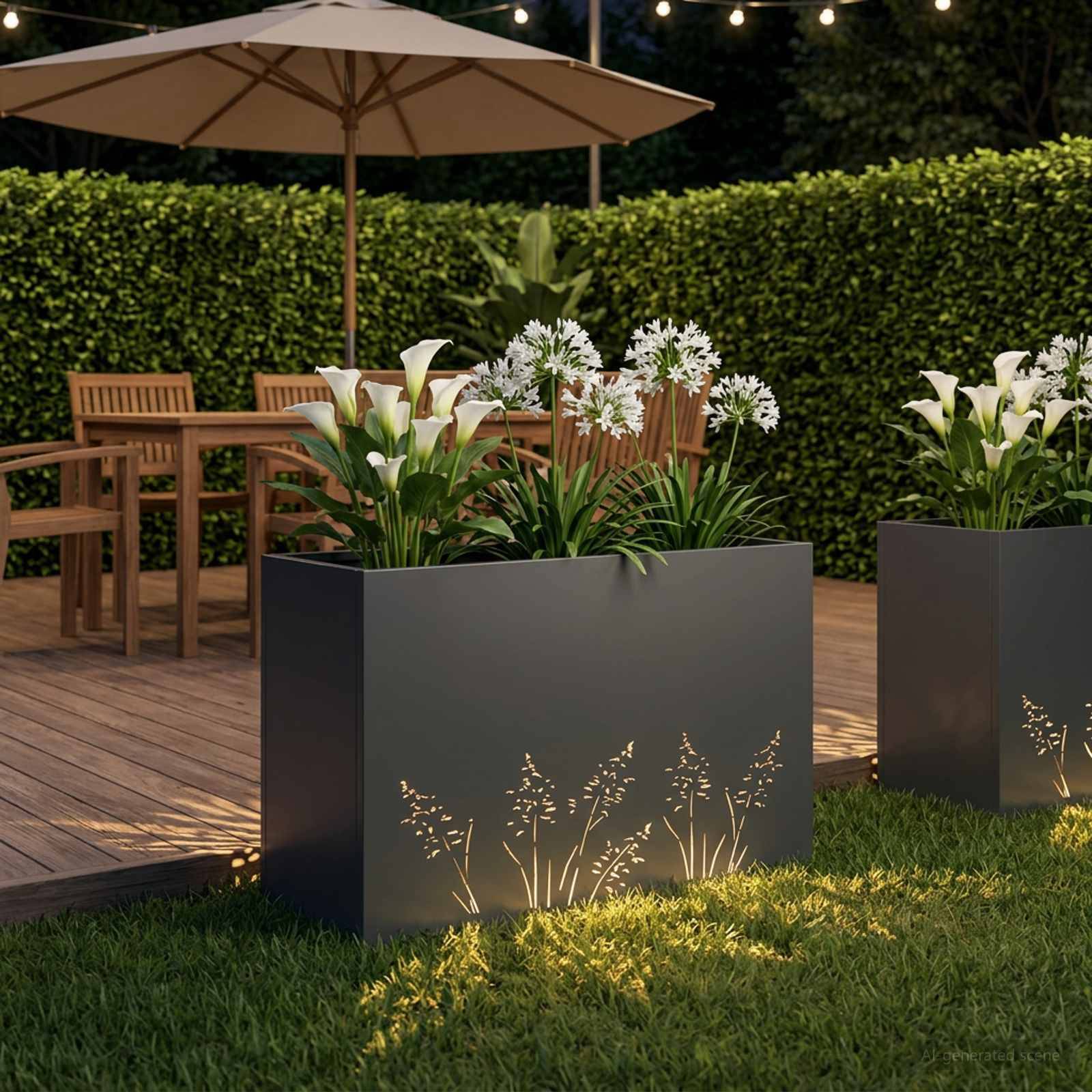 Terrassenbereich im Freien mit großen schwarzen Blumenkübeln mit weißen Blüten und Grünpflanzen, Holzsitzgelegenheiten, Sonnenschirm, Lichterketten und Heckenkulisse in der Dämmerung.