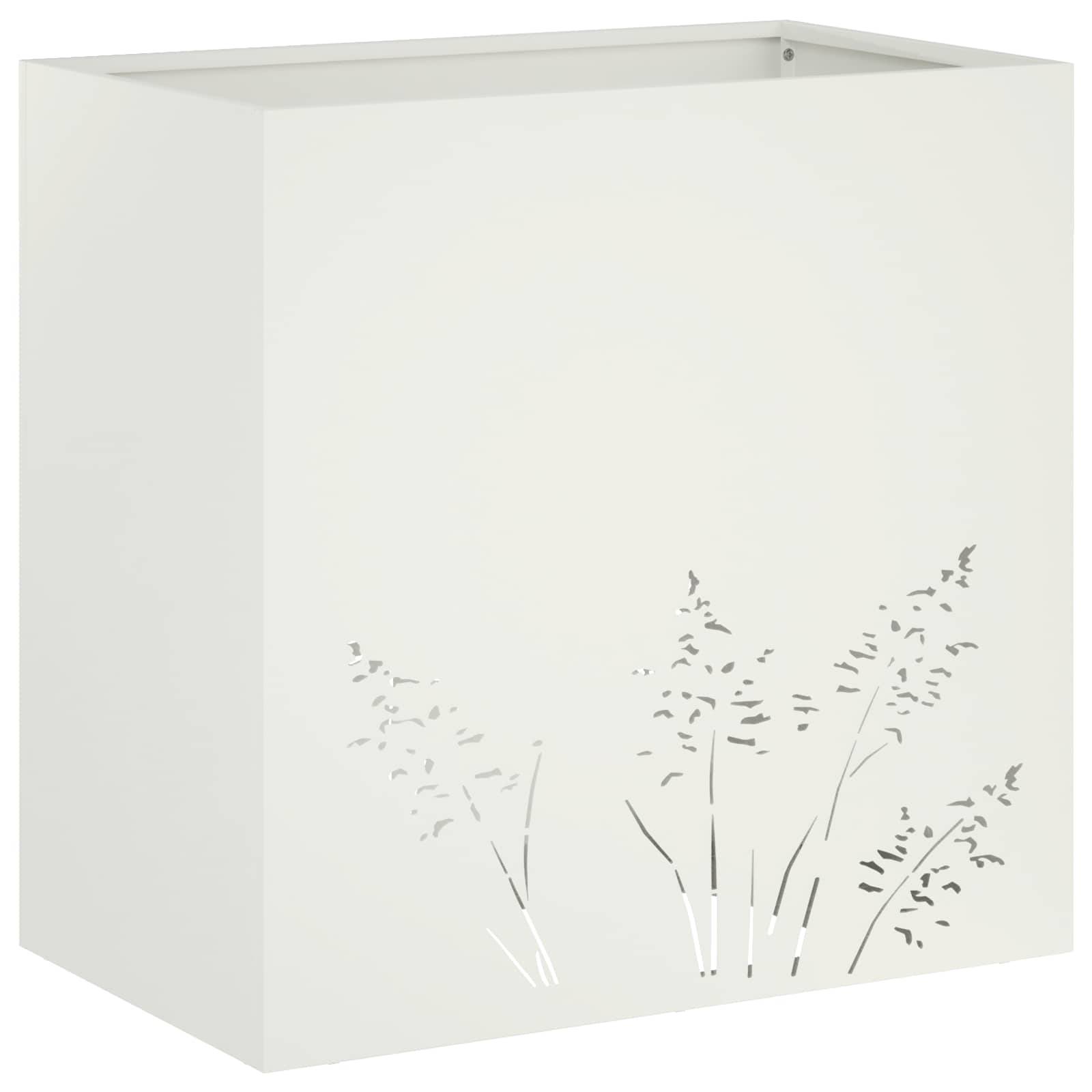 Weiße quadratische Geschenkbox mit zartem grauem Grasdekor auf der Vorderseite und den Seitenflächen.