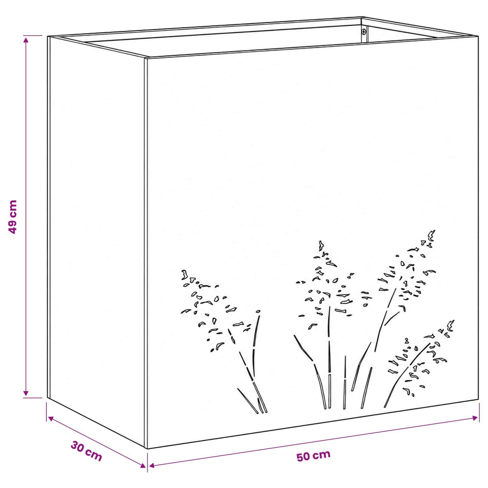 Diagramm eines rechteckigen Kastens oder Schranks mit beschrifteten Abmessungen von 50 cm Breite, 30 cm Tiefe und 49 cm Höhe, mit einem Pflanzendesign auf der Vorderseite.