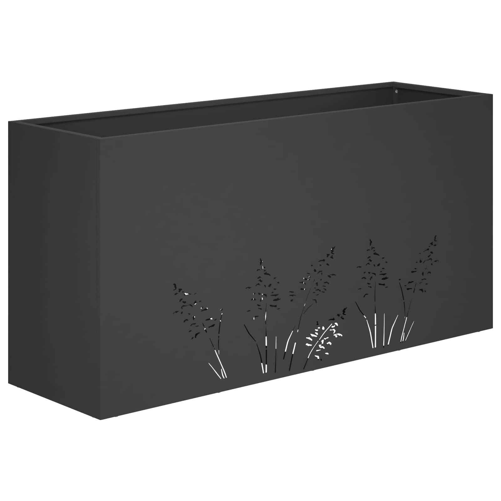 Dunkelgraue rechteckige Pflanzschale mit einer einfachen Gras- und Wildblumen-Silhouette in der Nähe der unteren Kante.