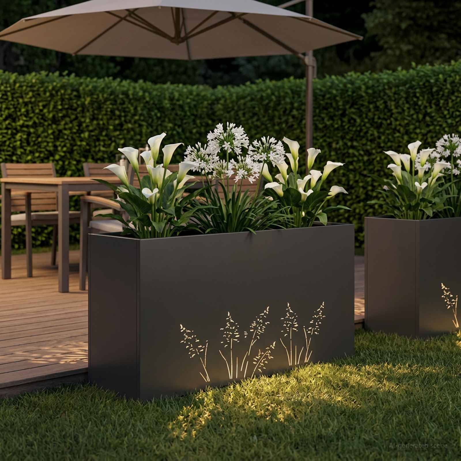 Terrasse im Freien mit großen rechteckigen Blumenkübeln mit weißen Blüten neben einem Holzdeck, unter einem beigen Sonnenschirm neben einer Hecke.