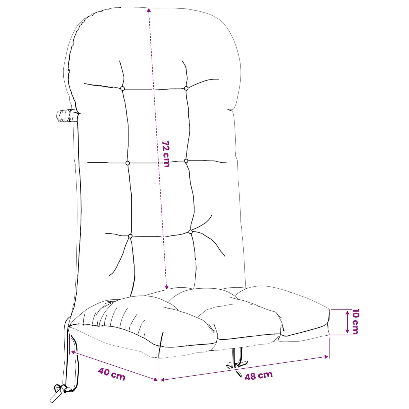 Diagramm eines hochlehnigen Sessels mit Knopfheftung und markierten Maßen: 72 cm Höhe, 48 cm Breite, 40 cm Sitztiefe und 10 cm Sitzkissenstärke.