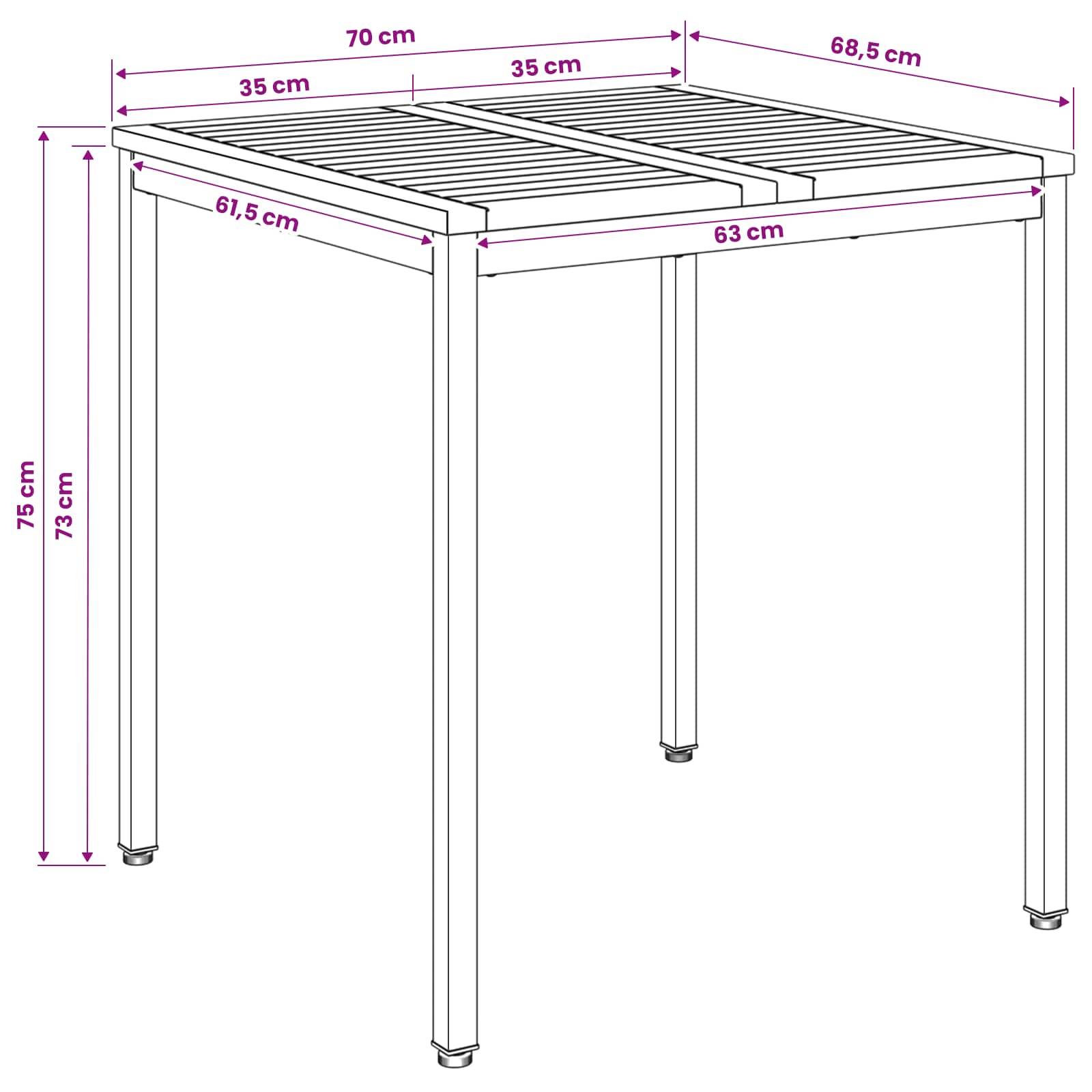 Maßstabzeichnung eines rechteckigen Lamellentisches: 70 cm breit, 68,5 cm tief, 75 cm hoch; Tischplatte 63 cm x 61,5 cm mit zwei 35-cm-Abschnitten.