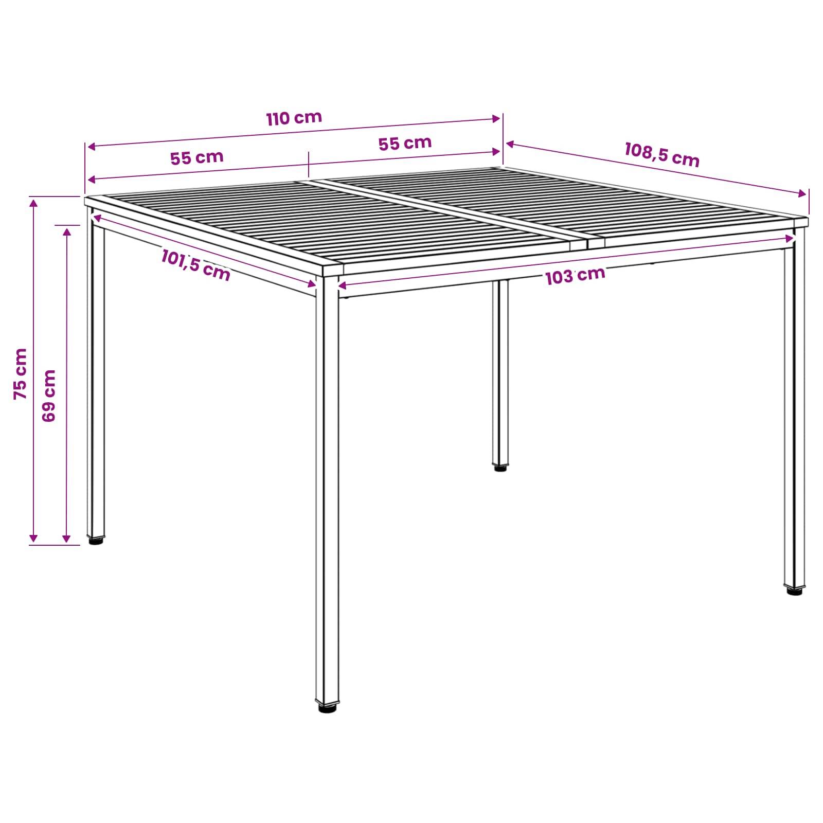 vidaXL Gartentisch Natürlich und Schwarz 110 x 108,5 x 75 cm