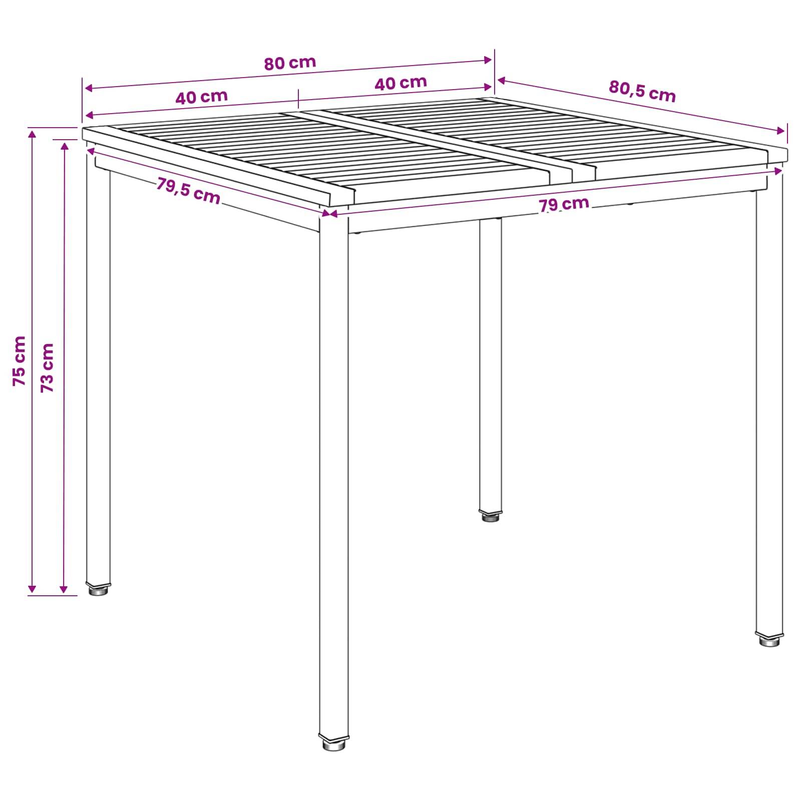 Maßzeichnung eines quadratischen Terrassentisches mit Lamellentop und vier Beinen, beschriftete Abmessungen: 80 cm breit, 80,5 cm tief, 75 cm hoch, mit 40 cm Seitensektionen.